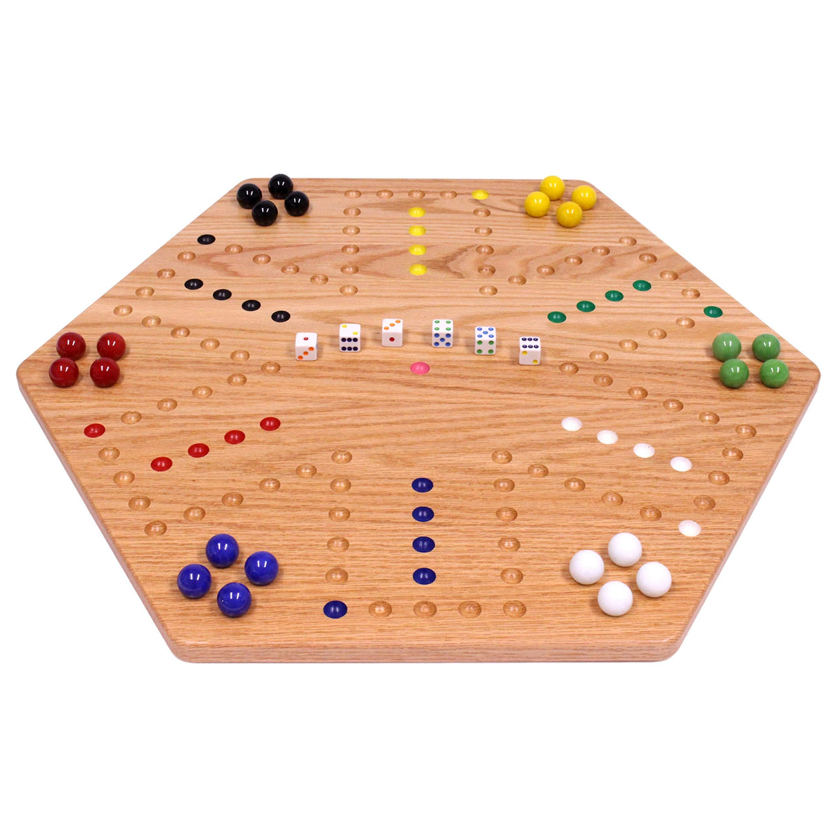 AmishToyBox.com Wahoo Wooden Marble Game Board Set - Large 24" Wide - Solid Oak Wood - Double-Sided - with Large 22mm Marbles and Dice Included AmishToyBox.com
