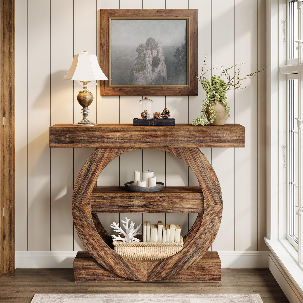 Tribesigns 41.3" Farmhouse Console Table, 3-Tier Sofa Table Behind Couch with Circle Base, Entryway Furniture with Storage Shelves for Living Room, Hallway, Foyer (Rustic Brown) Tribesigns