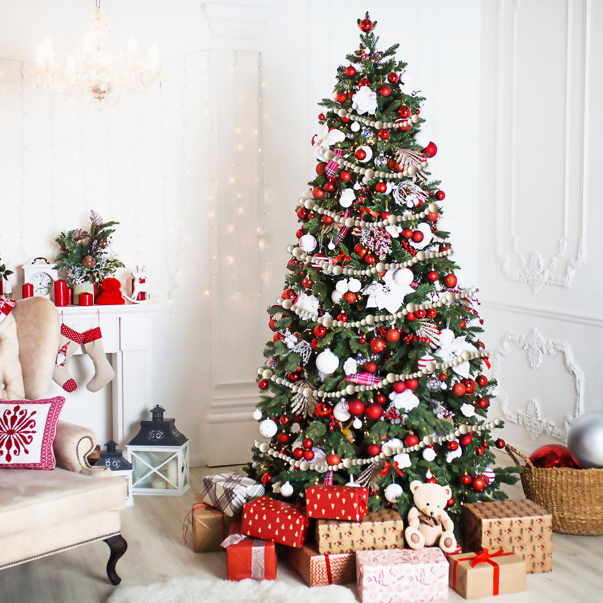 2 PCS Christmas Wooden Beads Garland,14.4Feet Natural Round Craft Bead Garland,Farmhouse Bead Garland for Boho Decorations,Christmas Tree Hanging Decorations Eerrhhaq