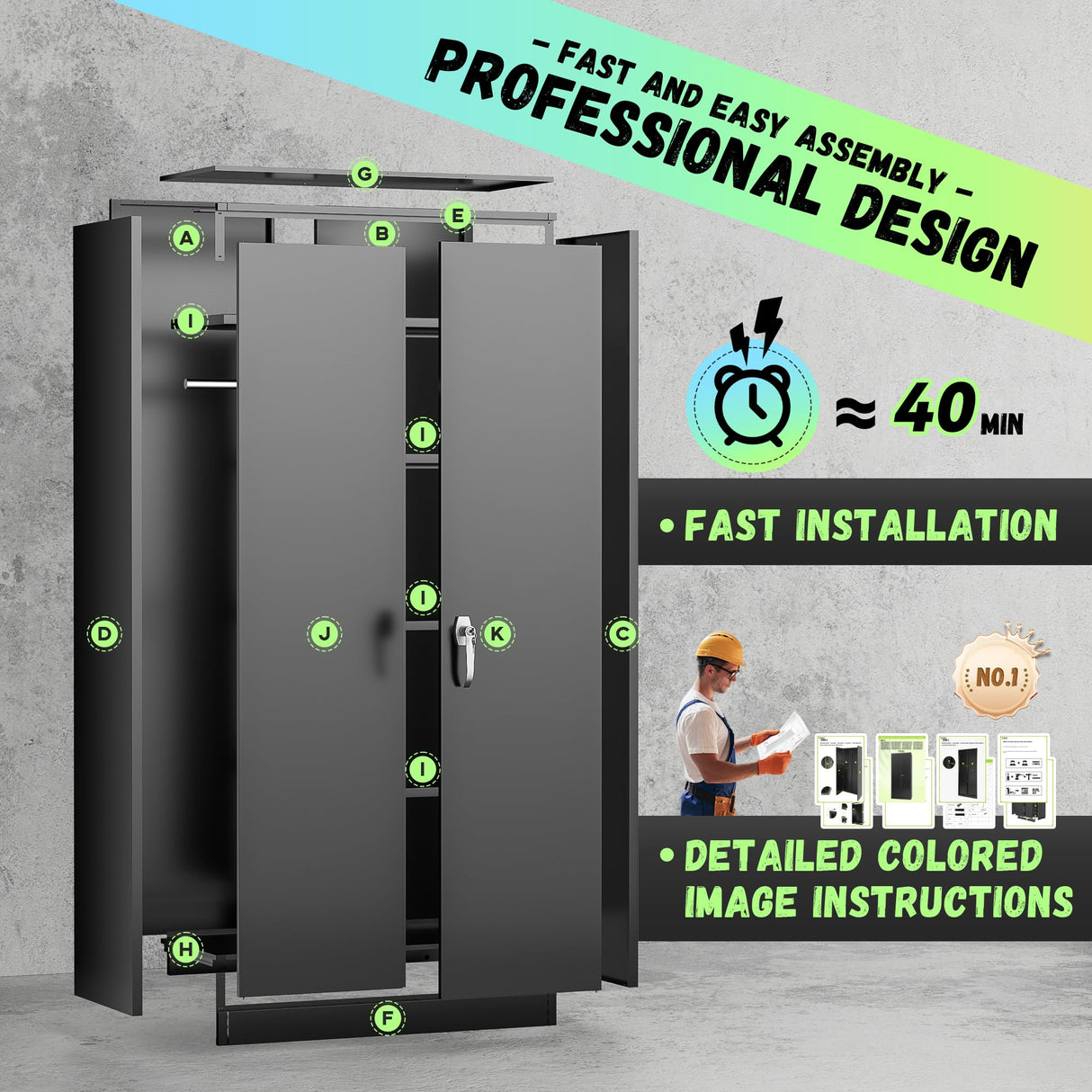 INTERGREAT Wardrobe Cabinets with Locking Doors and Shelves, Clothing Locker 72" X 32" X 16" Storage Cabinets for Home Room,Fire Department, School, Employee,Gym,Government (Black) INTERGREAT