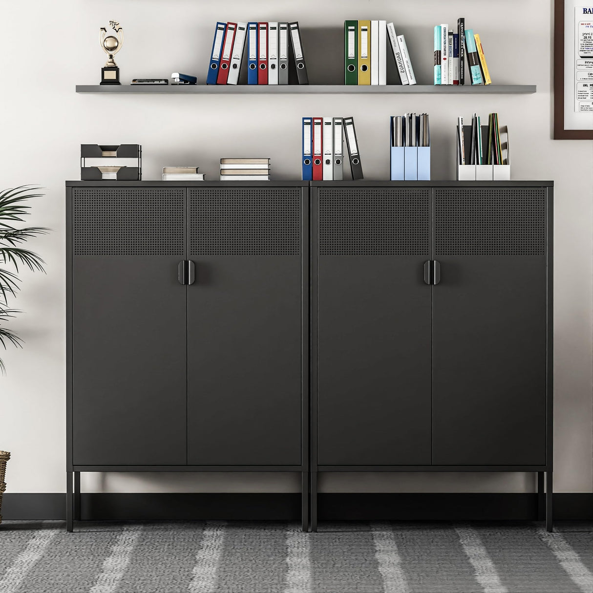 Ustamio Black Metal Storage Cabinet, Metal Locker Storage Cabinet with Doors and Shelves, 3 Tier Steel Office Storage Cabinet, Metal Sideboard for Home, Office, Kitchen and Coffee Bar Ustamio