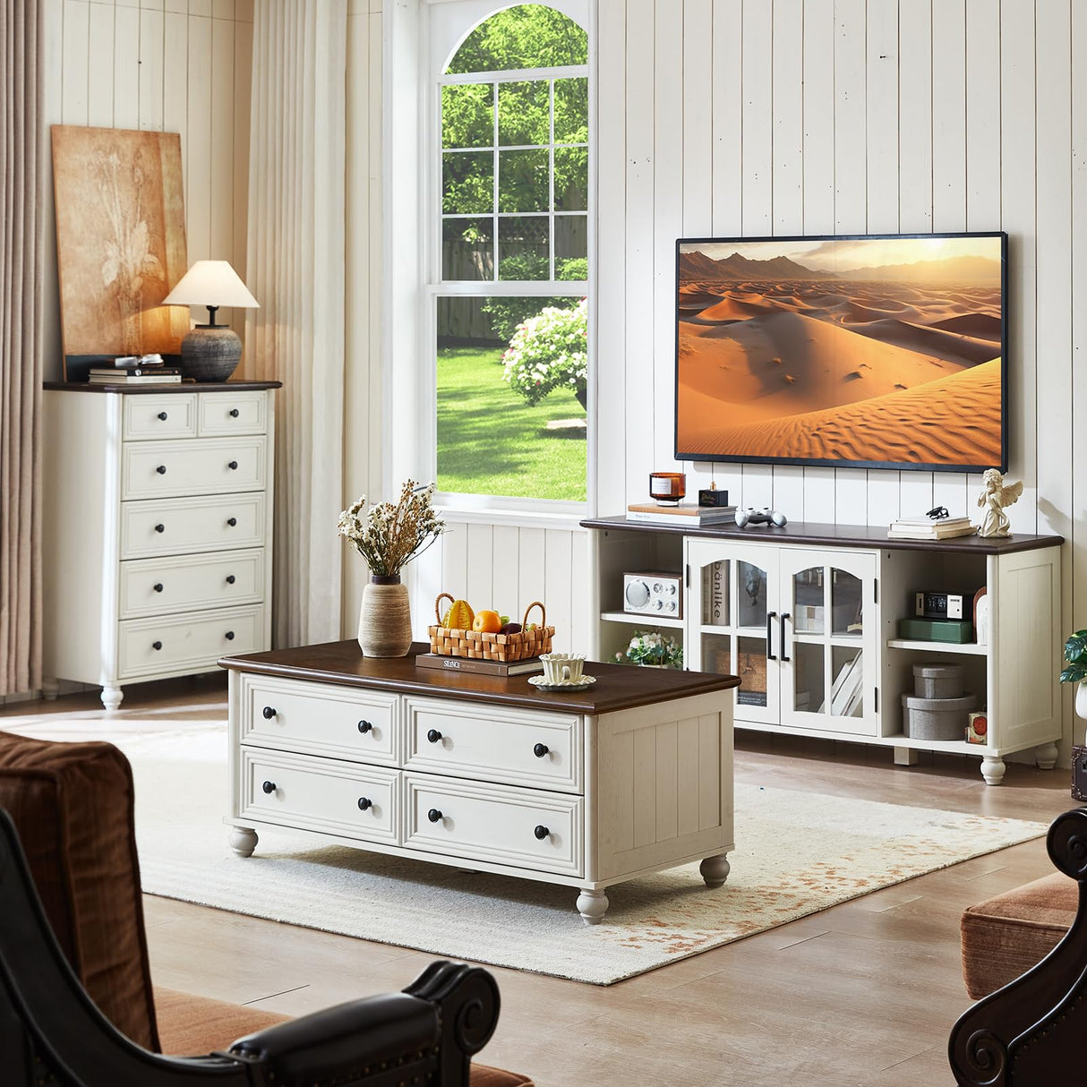 RWYHG 48" Farmhouse Coffee Table with Hidden Storage,Wooden Coffee Tables with 4 Drawers & Roman Column Handle,Rectangular Rustic Center Table with Solid Wood Curved Base for Living Room,Office,White RWYHG