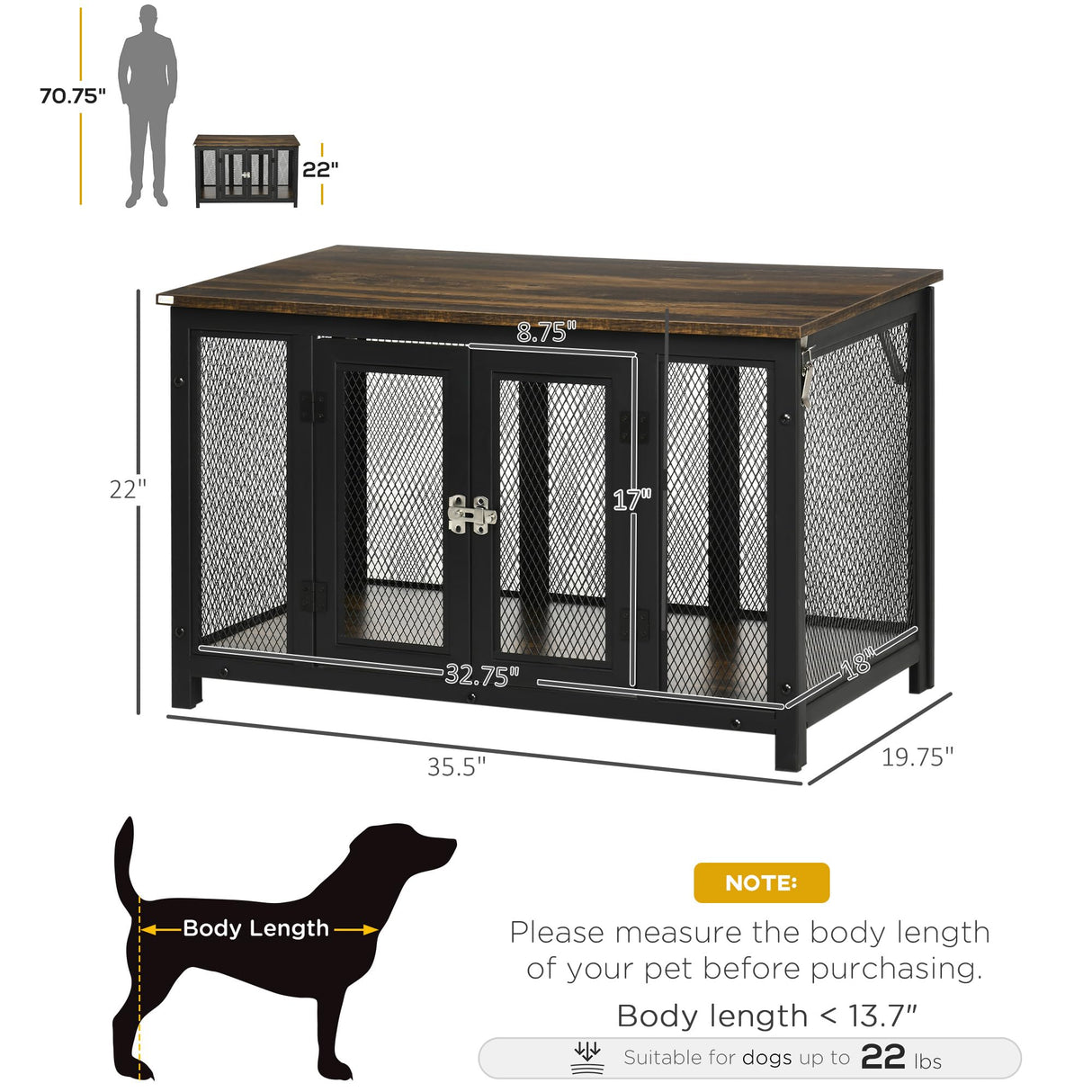 PawHut Furniture Style Dog Crate with Openable Top, Big Dog Crate End Table, Puppy Crate for Small Dogs Indoor, Spacious Interior, Pet Kennel, Brown, Black PawHut