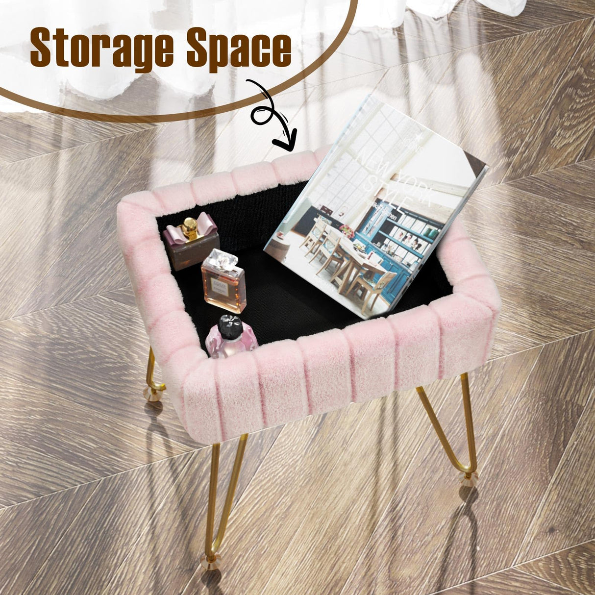 Greenstell Vanity Stool Chair Faux Fur with Storage, 15.7"L x 11.8"W x 19.4"H Soft Ottoman 4 Metal Legs with Anti-Slip Feet, Furry Padded Seat, Modern Multifunctional Chairs for Makeup, Bedroom Pink GREENSTELL