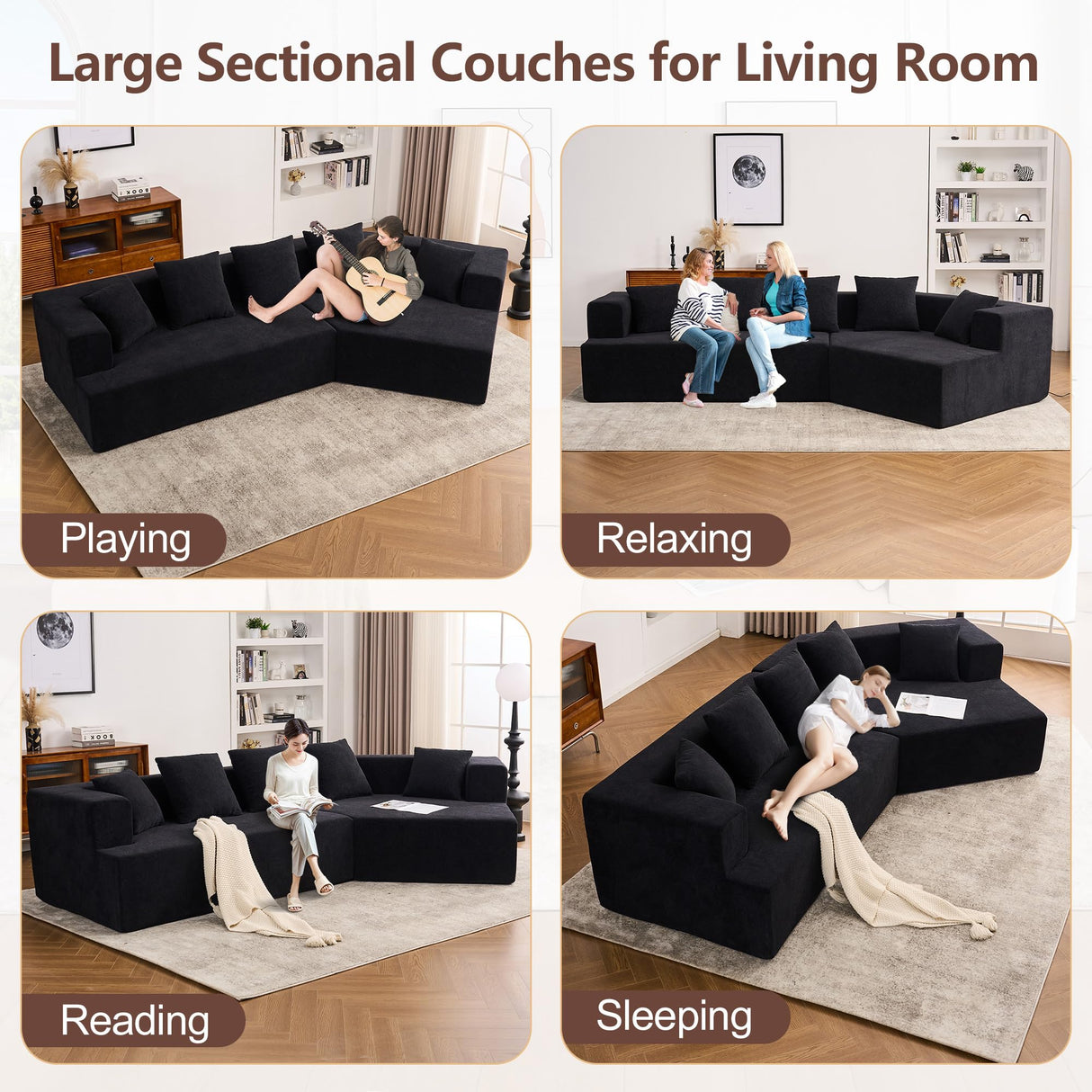 129.5" Modular Sectional Sofa, Cloud Memory Foam Couch, Modern Curved Couch Chenille Upholstered Deep Seat Sofa with 5 Pillows, No Assembly Required Oversized Corner Couches for Living Room (Black) IZLKQC