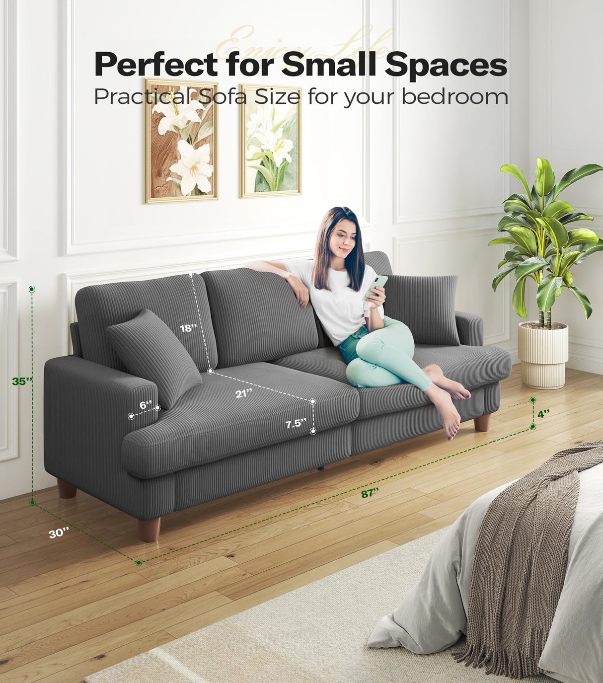 Kidirect 87in Corduroy Couch, Sofas for Living Room No Tool Assembly, Comfy Couches for Living Room 21in Deep Seats, Oversized Loveseat Sofa with 2 Pillows, 3 Seater Couch for Bedroom,Grey Sofa Kidirect