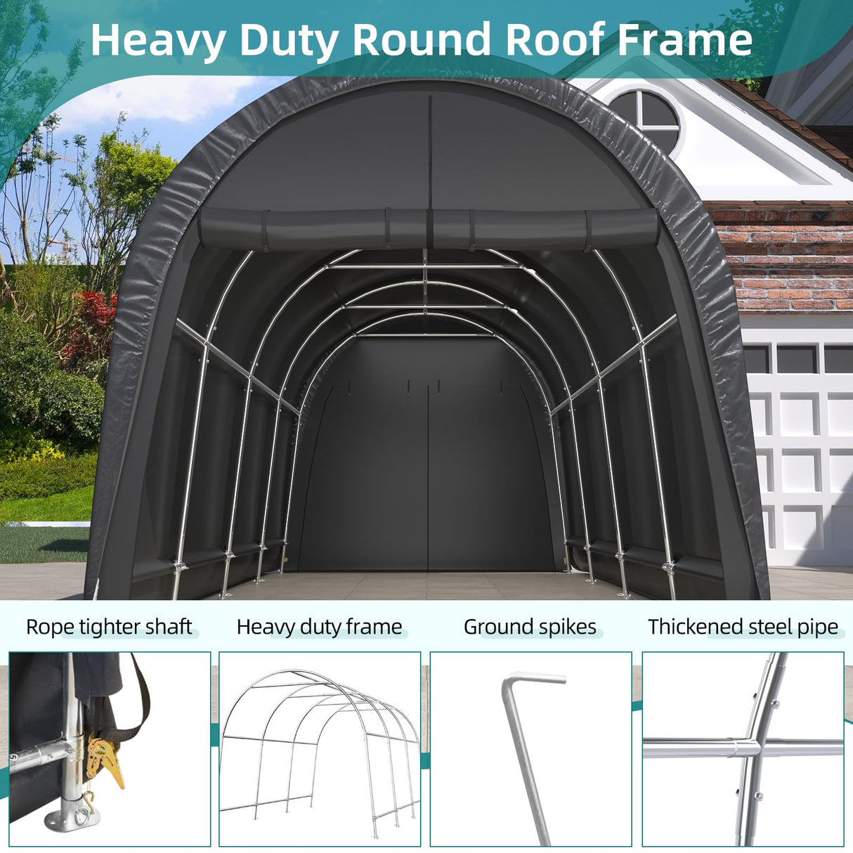 EROMMY Carport 10 x15 FT Heavy Duty, Portable Garage with All-Steel Metal Frame and Round Style Roof, Anti-Snow Car Canopy Outdoor Storage Shelter for Car, Truck, Boat EROMMY