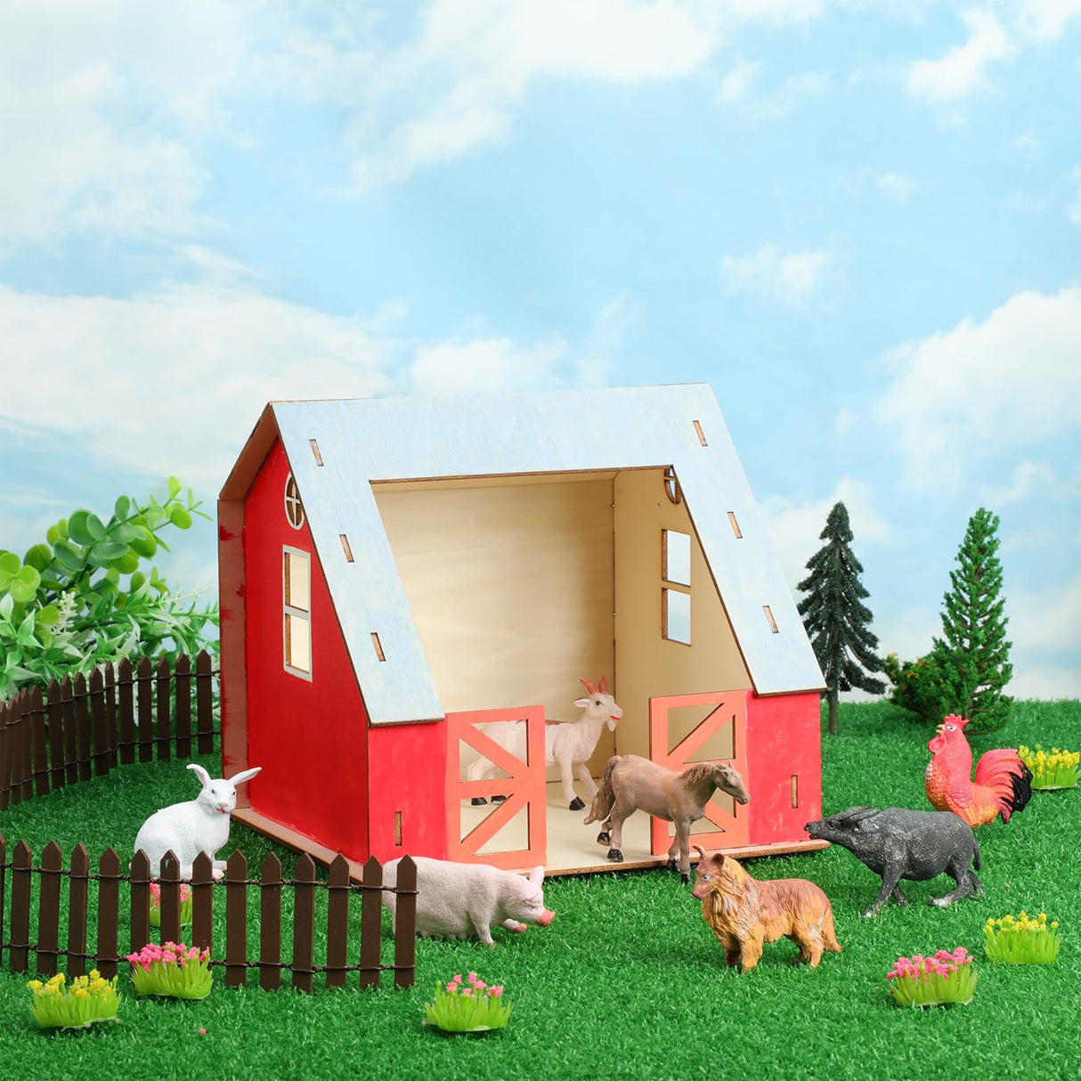 DoubleFill 4 Set DIY Wooden Barn Craft Kits for Kids Party Favors Farm Animals House Toys Large Wooden Barn with Animal Play Figures Horses Stablemates Paint Easter Birthday Gifts for Toddler DoubleFill