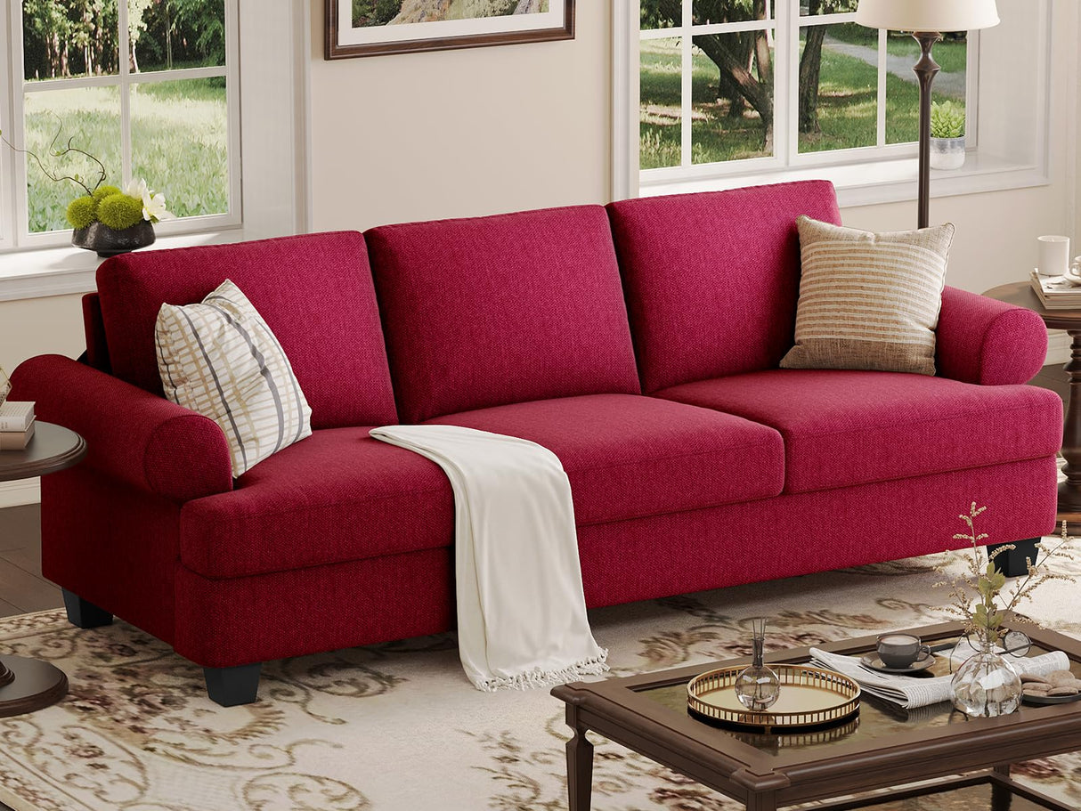 Fadware 91” Sofa Couch, Deep Seat Sofa with Lawson Style Armrests, Modern 3 Seater Sofa with Upholstered Cushion& Backrests, Mid-Century Comfy Couch for Living Room, Apartment, Red Fadware