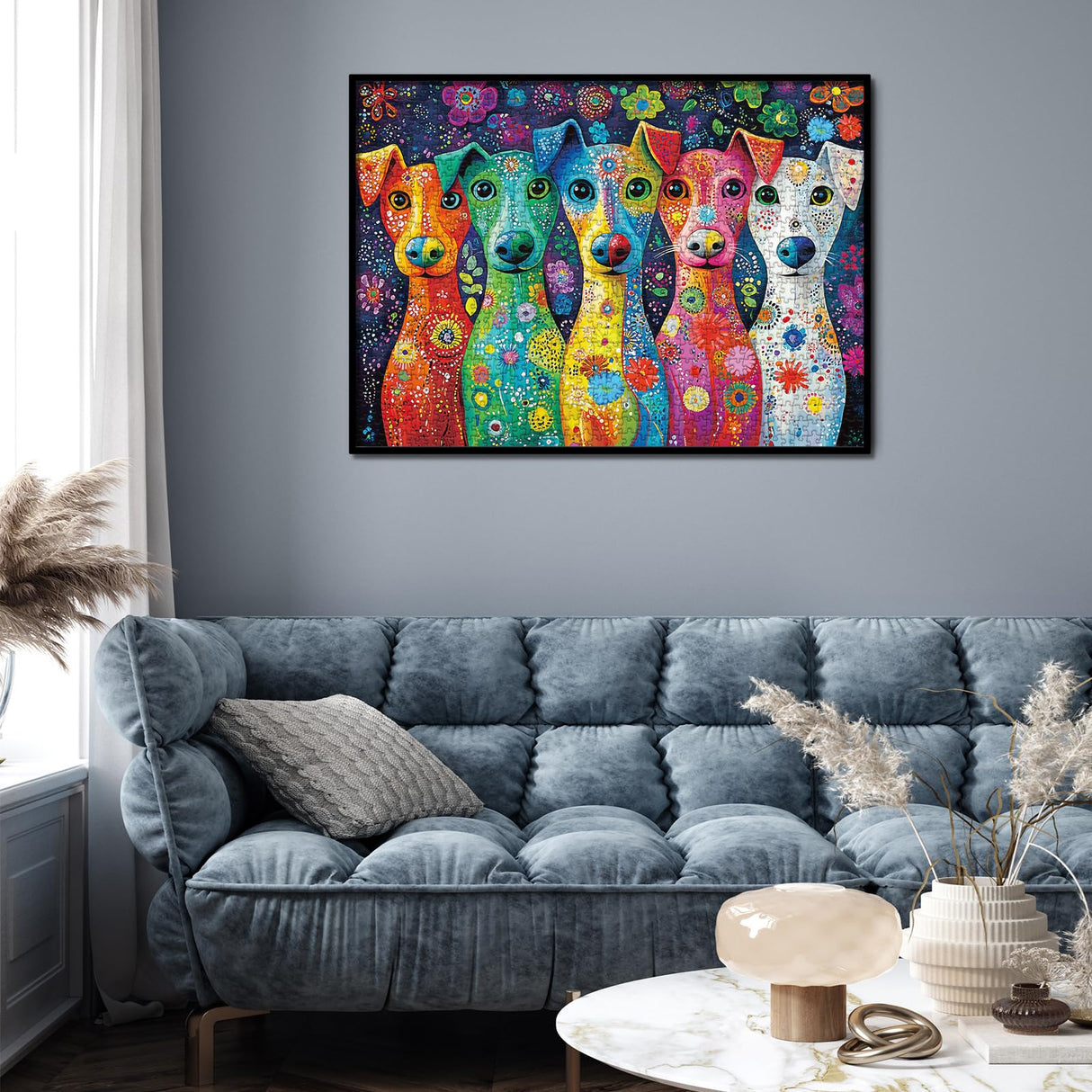 Colorful Dog Painting Jigsaw Puzzle 1000 Piece for Adult, Art Puppy Beautiful Flower Jigsaw Puzzles, Funny Animal Aesthetic Puzzle Larkipuzz