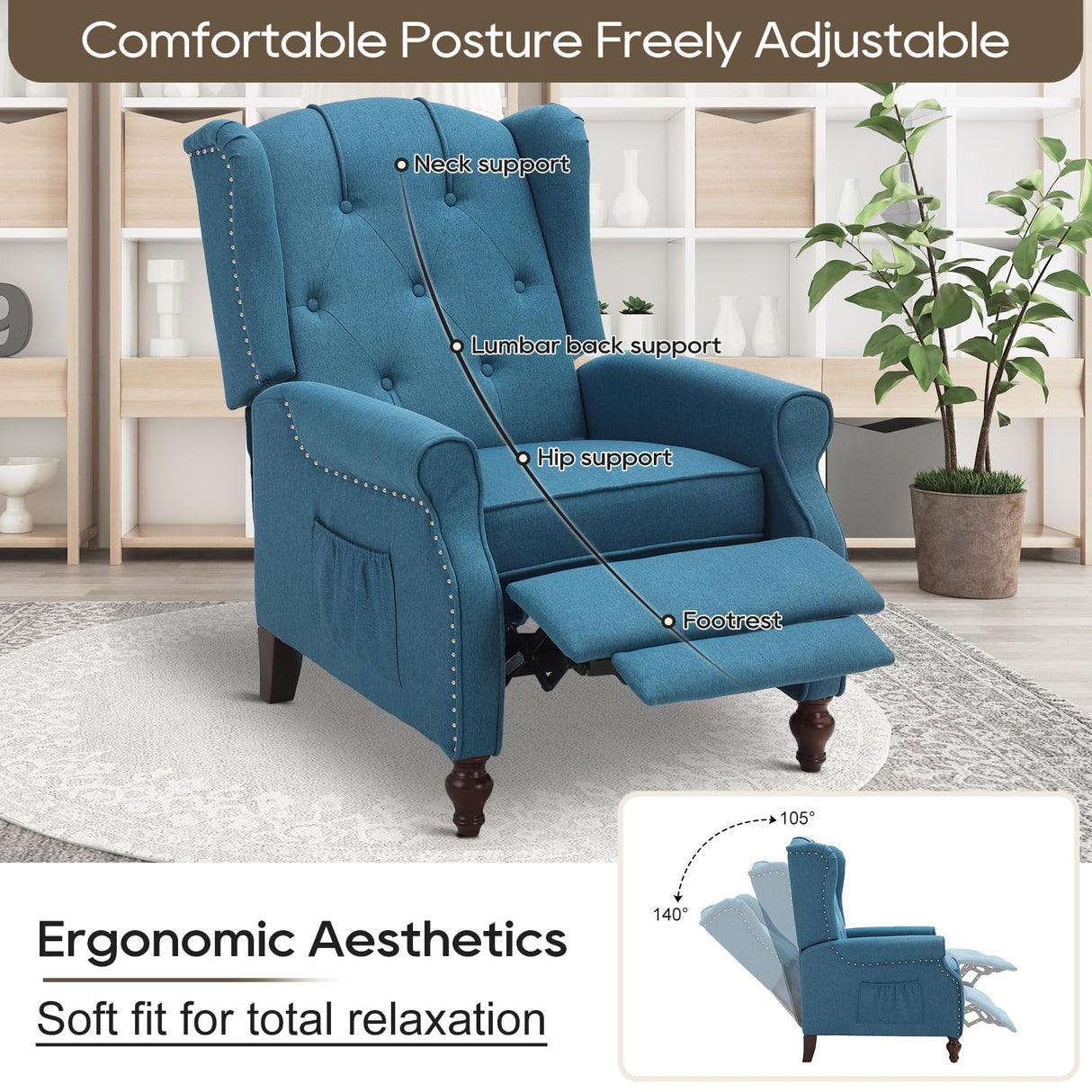 PALLOME Wingback Recliner Chair with Massage and Heat Tufted Fabric Push Back Arm Chair, Recliner Chair for Living Room Bedroom Home Theater (1,Peacock Blue) PALLOME