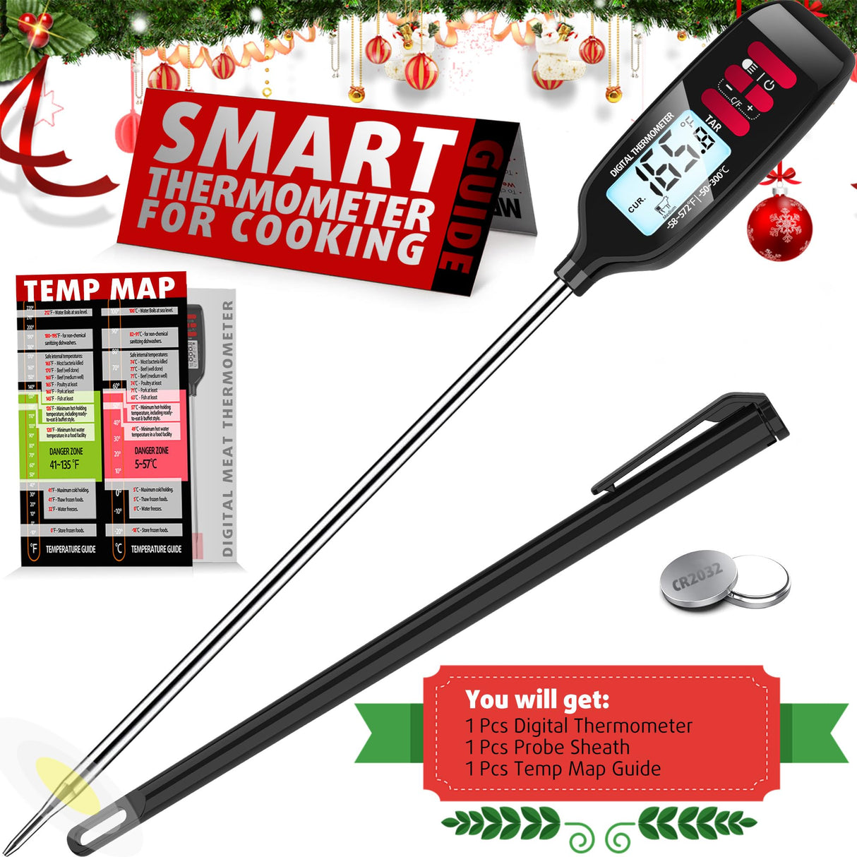 Antonki Digital Meat Thermometer with Backlight, Long Food Temperature Probe Instant Read Food Thermometer for Cooking and Baking, Kitchen, Candy, Grill, BBQ, Oil - Battery Included Antonki