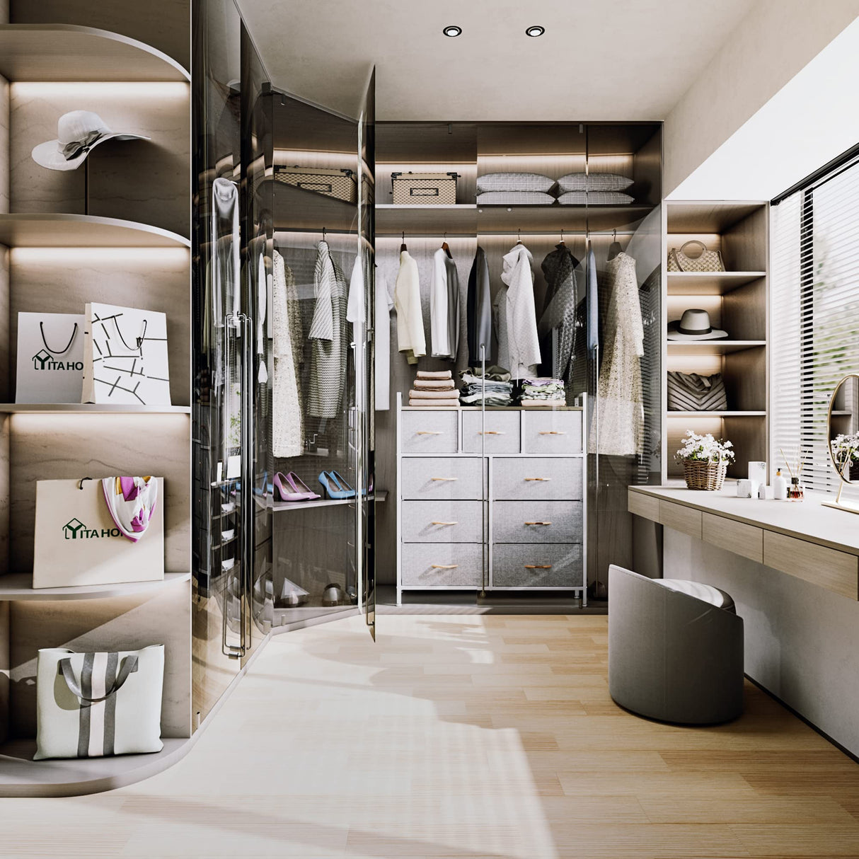 YITAHOME 9-Drawer Fabric Dresser, Furniture Storage Tower Cabinet, Organizer for Bedroom, Living Room, Hallway, Closet & Nursery, Sturdy Steel Frame, Wooden Top, Easy-to-Pull Fabric Bins(Light Grey) YITAHOME