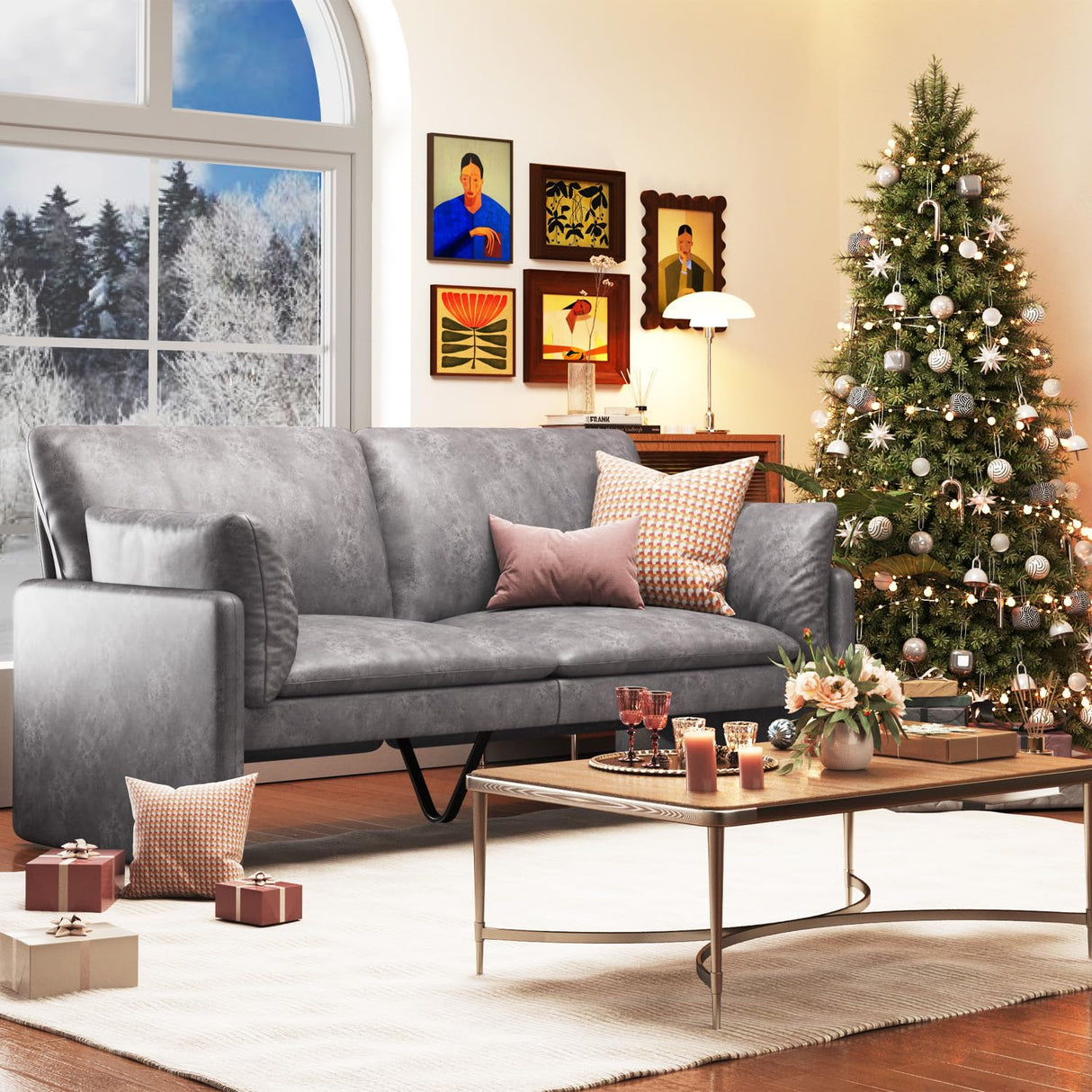 JFHID Leather Loveseat Sofa, Modern Love Seat with Thickened Cushions, Removable Cover, 68'' Small Leather Couch for Bedroom & Living Room, Grey JFHID