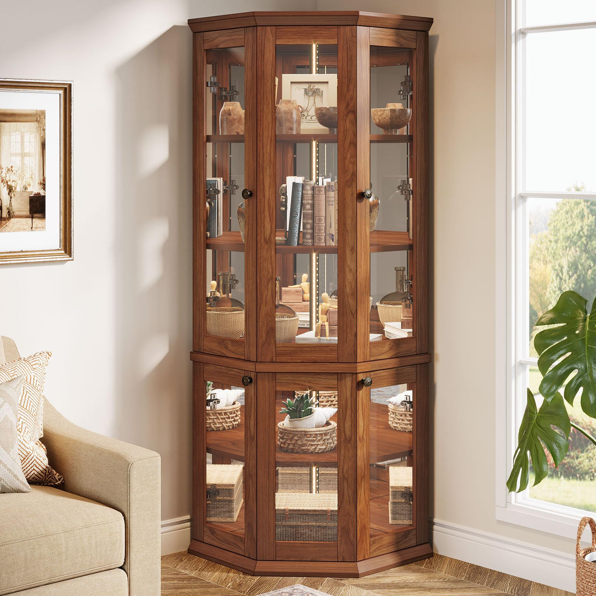 Tribesigns Corner Storage Cabinet, 71" Tall Corner Cabinet with Doors & LED Lights, 5-Tier Mid-Century Display Shelf for Living Room, Kitchen, Walnut Tribesigns