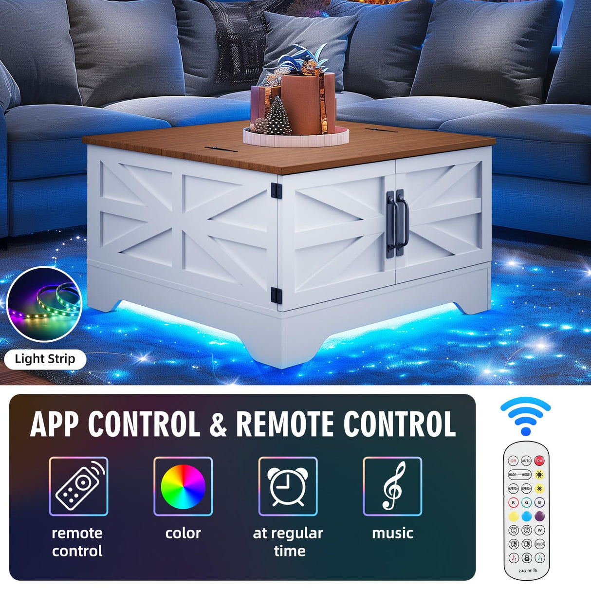 Farmhouse Coffee Table with Storage, Square Lift Top Coffee Table with LED light for Living Room,Small Modern Center Table with Wood Top and Barn Door for Small Space Bedroom Home Office(White Walnut) HAIOOU