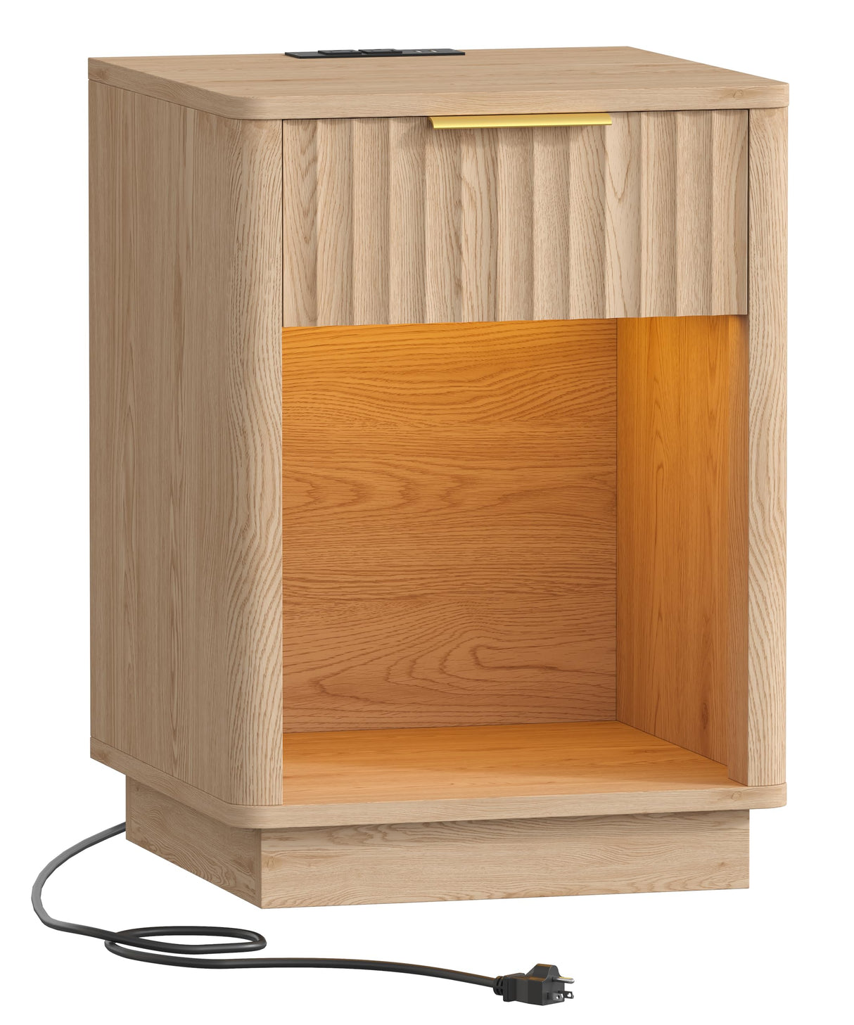 Akxomel Fluted Nightstand, Wooden Night Stand with Charging Station and LED Light, Modern Mid Century End Table with Drawer, 15" D x 15.7" W x 22.6" H, for Bedroom, Natural Oak Akxomel