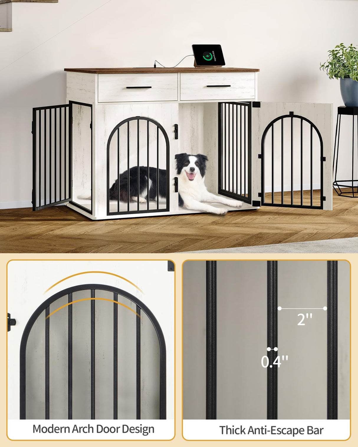 Hzuaneri 39.4'' Large Dog Crate Furniture with 2 Storage Drawers, Heavy Duty Dog Kennel Indoor with Charging Station, Wooden Dog Cage End Table Kennel for Medium/Large Dogs, White Brown DFC84214B Hzuaneri