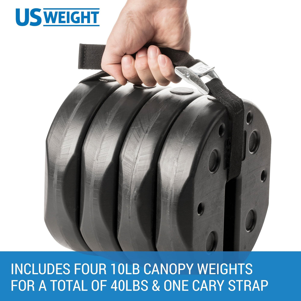 US Weight 40 Pound Canopy Weight Set of 4 and Carry Strap with No-Pinch Design - Easy Installation and Removal to Secure Tents, Canopies, and Umbrellas at Outdoor Events US Weight