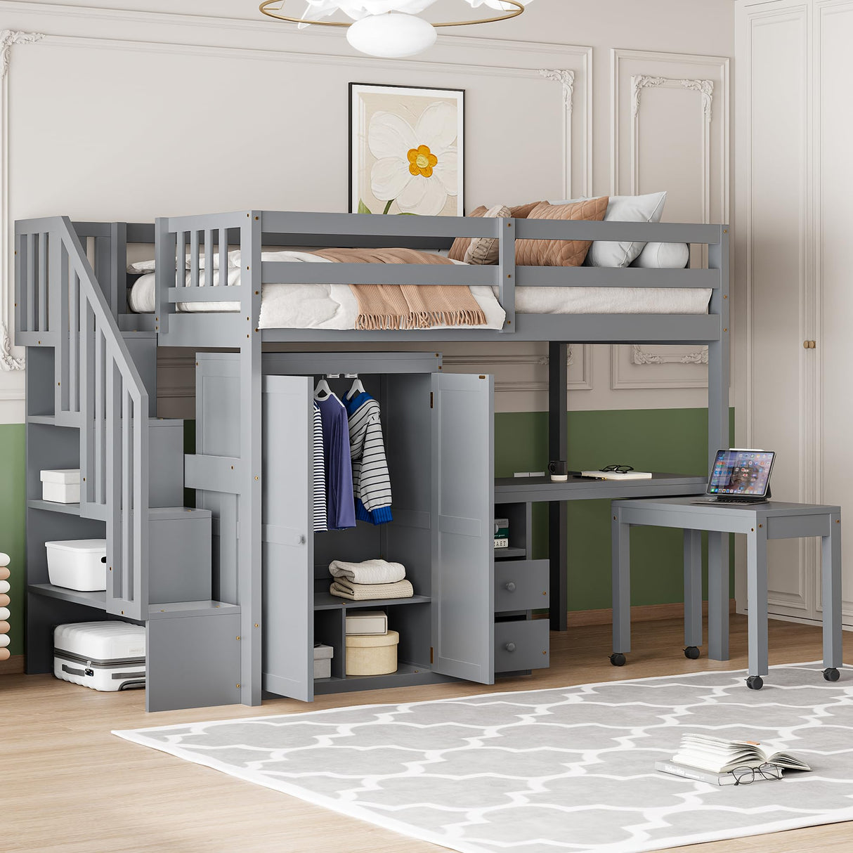 Harper & Bright Designs Twin Size Loft Bed with Stairs and Bookshelf, Wood Twin Storage Bed with Desk & Wardrobe, Space-Saving Multifunctional Furniture for Kids & Teens - Gray Harper & Bright Designs