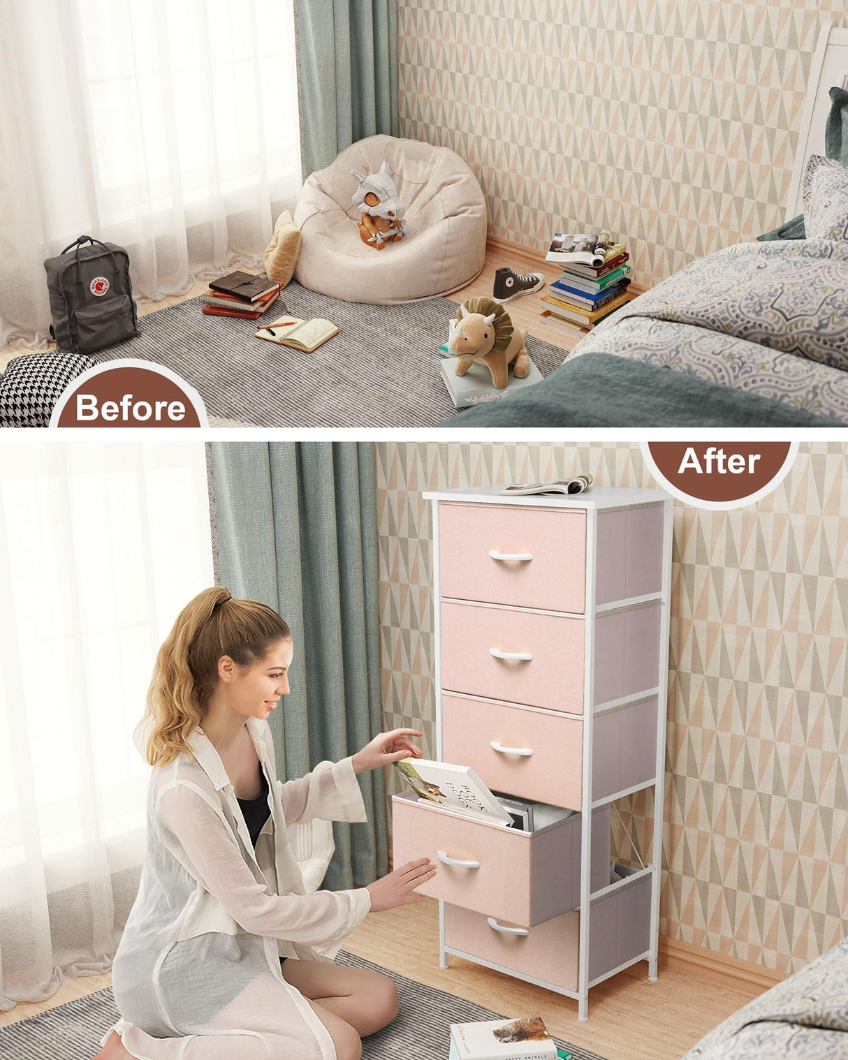 Crestlive Products Tall Dresser for Girls Bedroom, Chest of 5 Drawers, Fabric Storage Tower, Clothing Organizer for Bedroom, Hallway, Entryway, Closets, Nursery(Pink) Crestlive Products