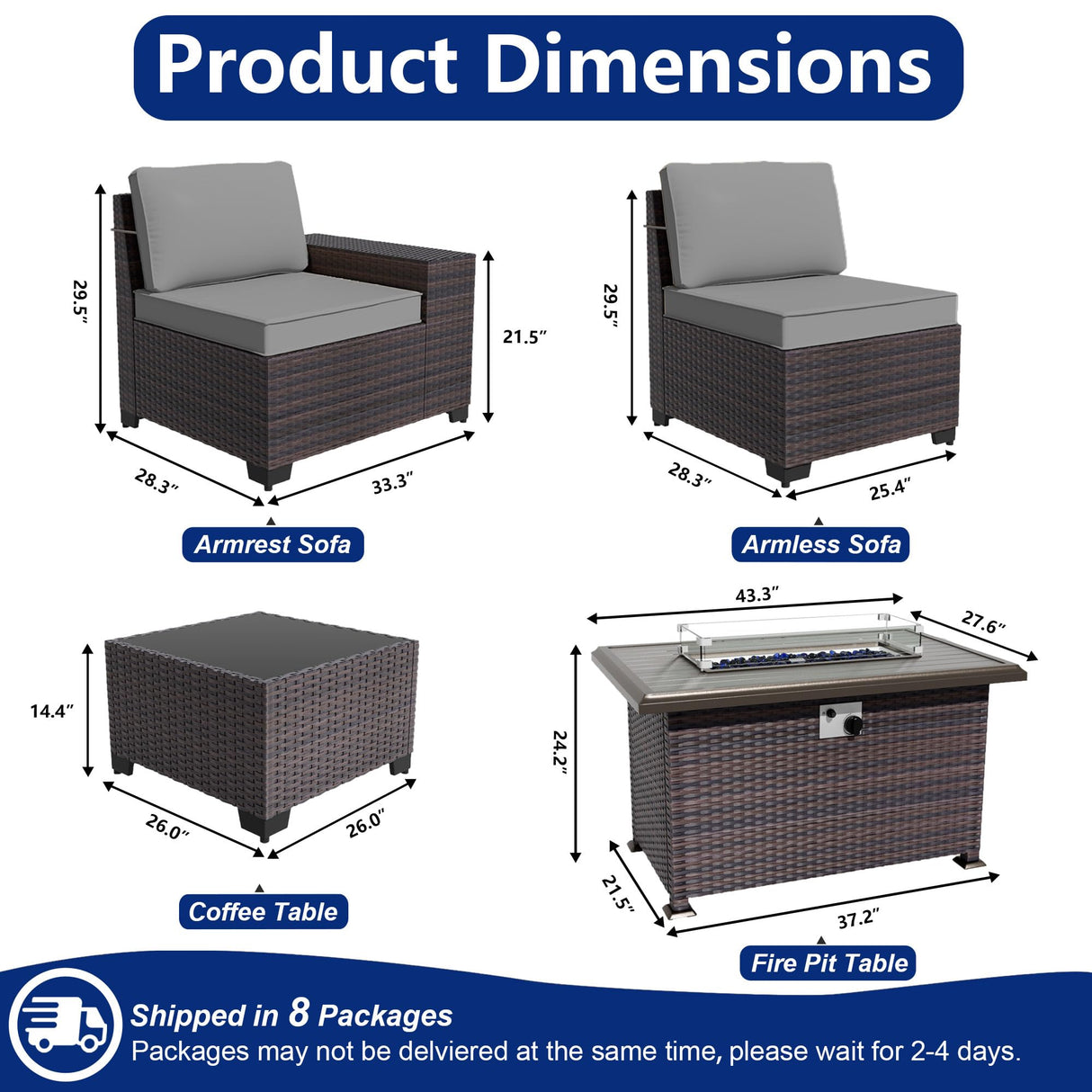 ASJMR Outdoor Patio Furniture Set with Fire Pit Table, 13 Pieces Outdoor Furniture Set Patio Sectional Sofa w/43in Propane Fire Pit, PE Wicker Rattan Patio Conversation Sets - Grey ASJMR