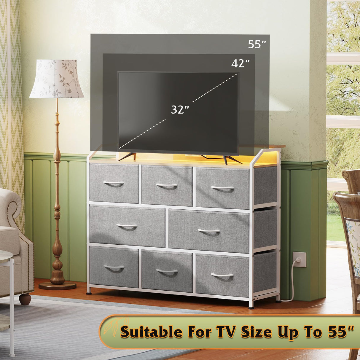WLIVE Dresser TV Stand with Power Outlets, Led Dresser for Bedroom, Fabric Chest of Drawers with Open Shelves, Wood Top, Steel Frame, 6 Drawer Dressers for Closet, Living Room, Light Grey WLIVE