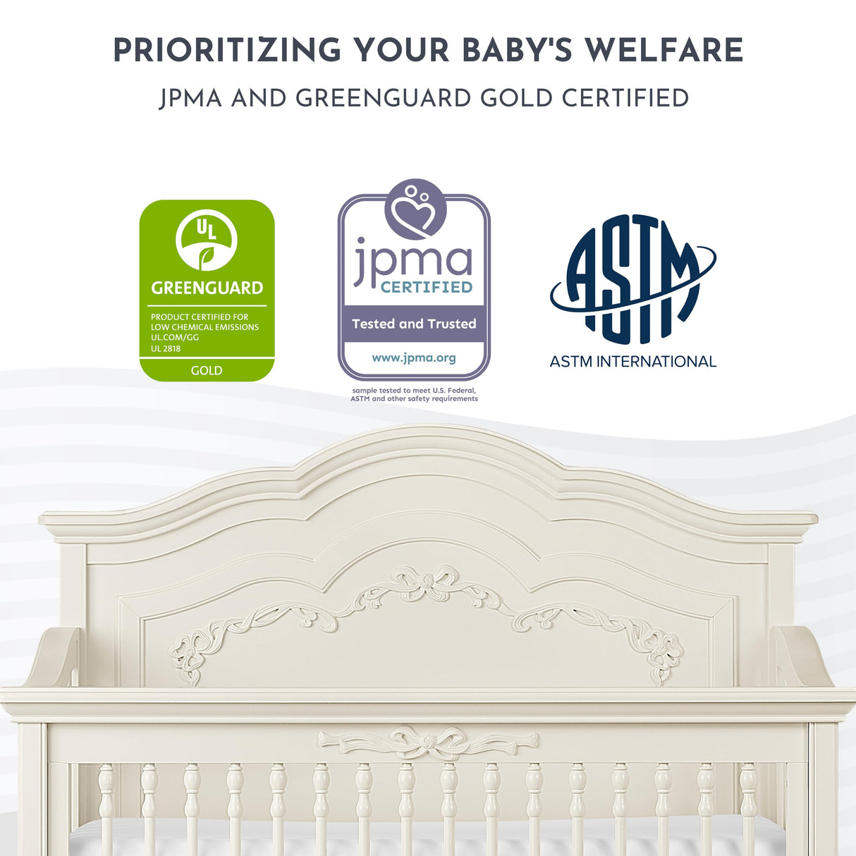 Evolur Aurora 5-In-1 Convertible Crib In Ivory Lace, Greenguard Gold Certified, Features 3 Mattress Height Settings, Sturdy And Spacious Baby Crib, Wooden Furniture, 832-FW Evolur