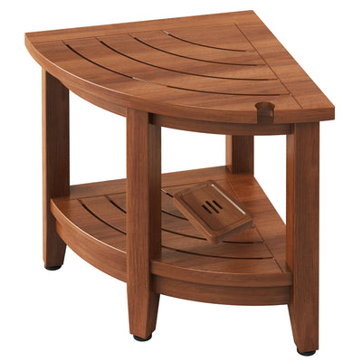 Jekruiet Teak Shower Bench for Corner, 18 inch Shower Chair Stool for Shaving Legs with Storage Shelf,Waterproof Bathroom Bench Seat for Elderly and Disabled Indoor Use