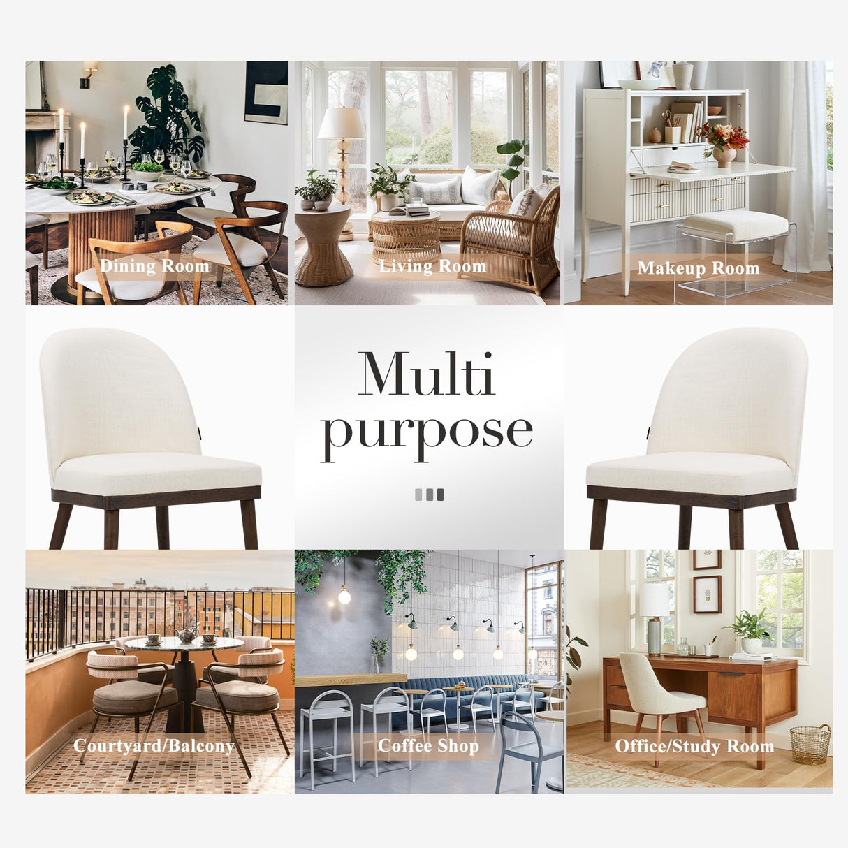 COLAMY Upholstered Dining Chairs Set of 6, Wooden Dining Room Kitchen Chairs with Wood Frame and Curved Backrest, Modern Fabric Dinner Chairs, Beige COLAMY