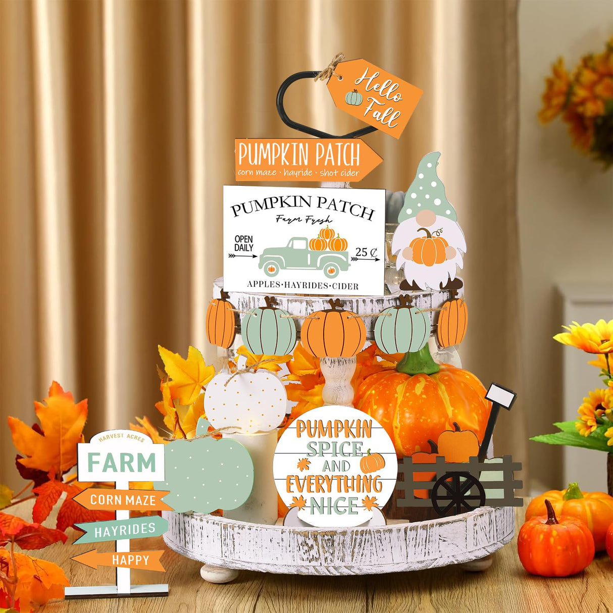 Sumind 15 Pcs Fall Tiered Tray Decor Set Hello Fall Decor Autumn Wood Signs Thanksgiving Orange Brown Table Signs Farmhouse Wooden Maple Pumpkin Gnomes Tabletop for Festival Home Decor (Gnomes) Sumind