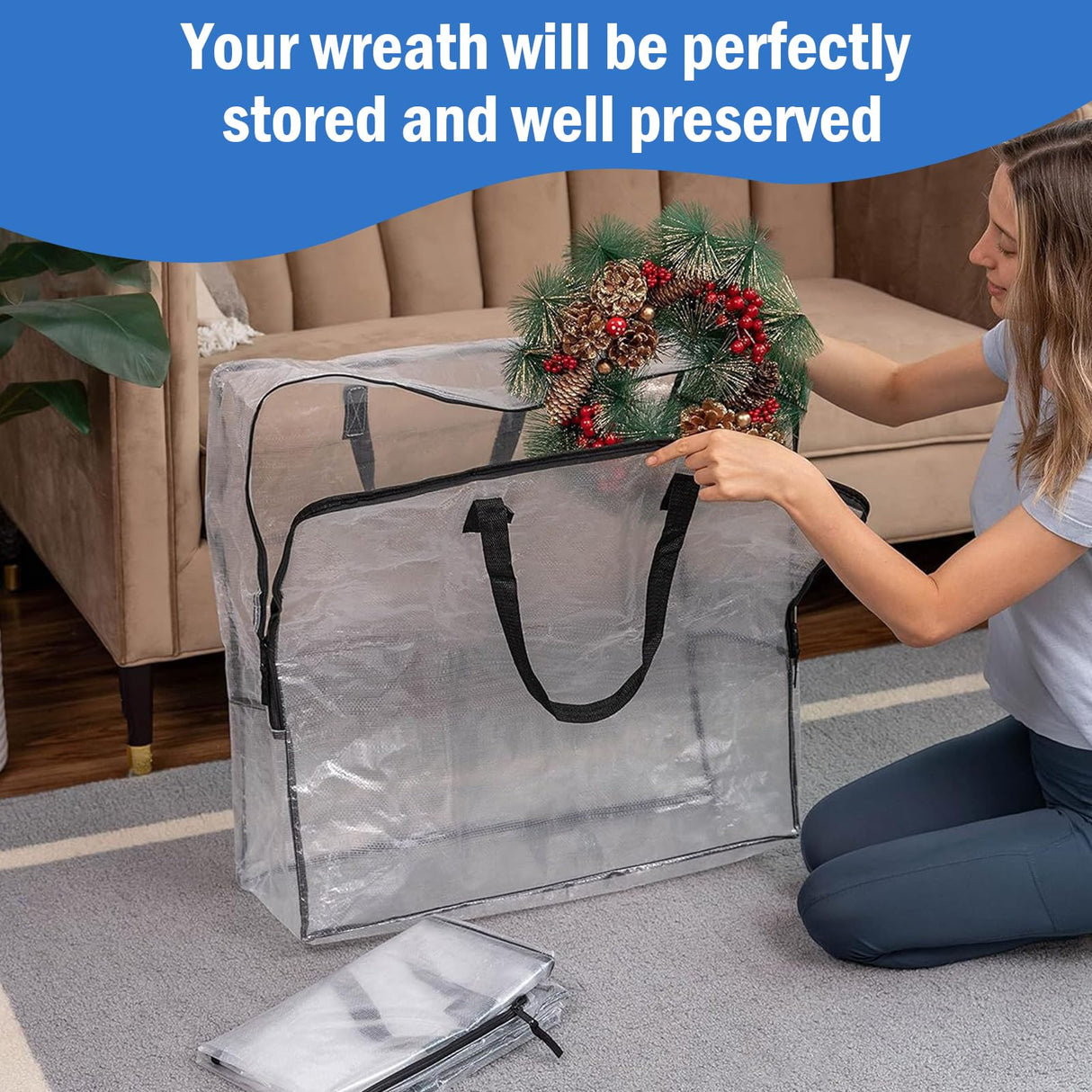 Tiltol 2 Pack 25 inches Wreath Storage Container,Extra Large Transparent Rectangular Christmas Ornament Storage Bags with Zipper and Handles,Perfect for Wreaths,Garlands,Gifts,Waterproof,Foldable Tiltol