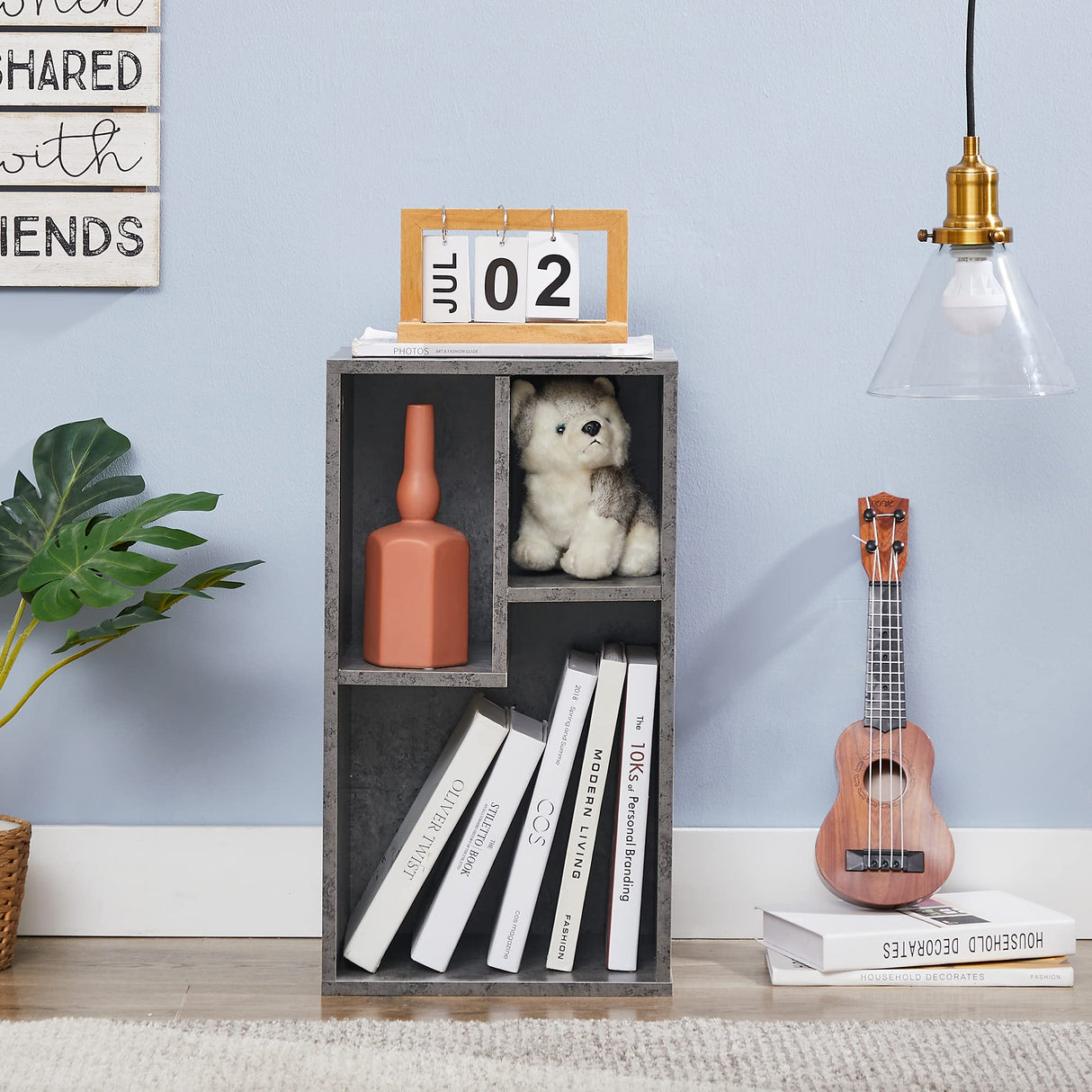 VECELO 3-Cube Open Bookcase, Small Bookshelf with Height Difference Shelves for Most Books, Horizontal Available, 2-Tier Storage Organizer for Home Office, Living Room, Grey VECELO