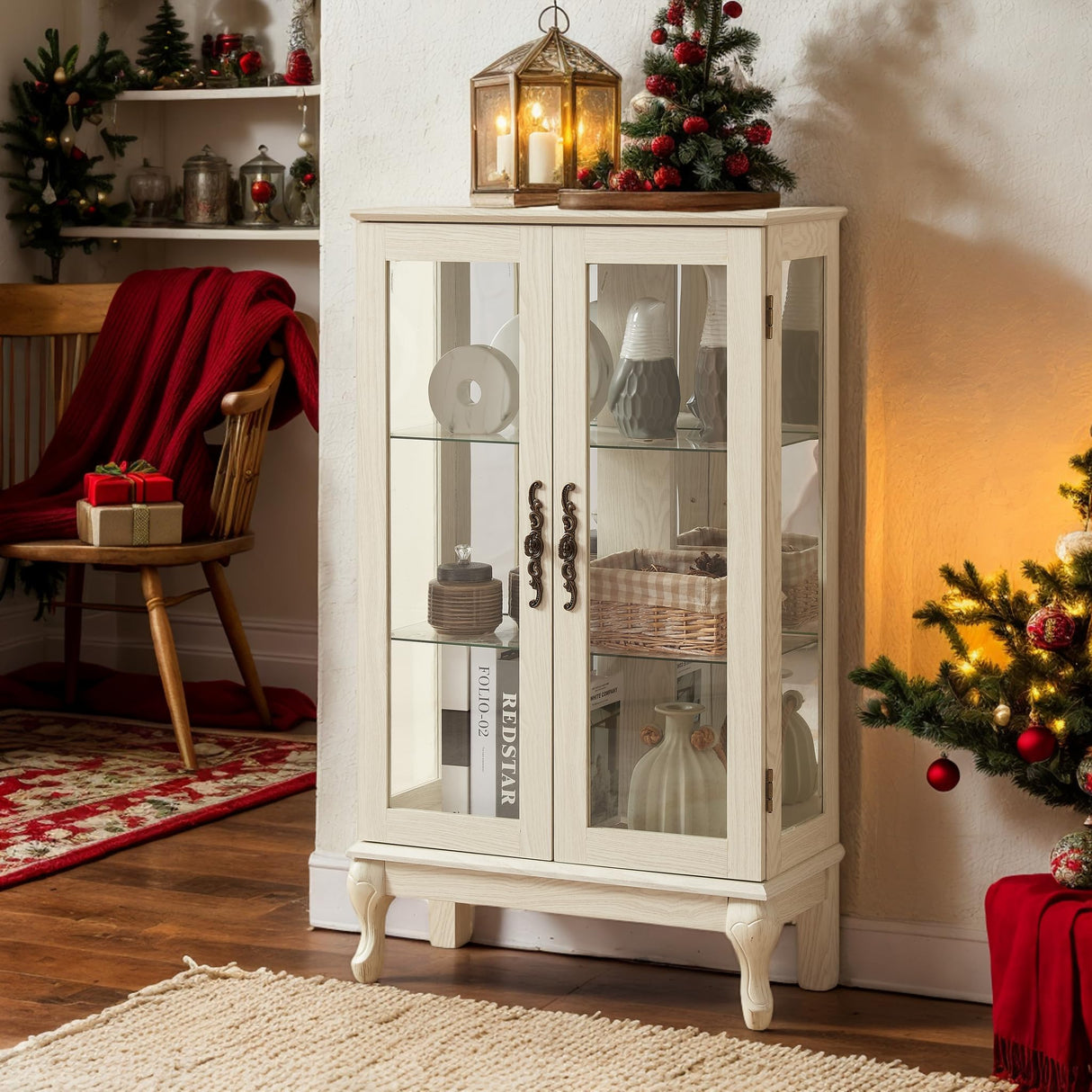 CKEASEAN Lighted Curio Cabinet, 44" H Glass Display Cabinet with 3-Tier Adjustable Glass Shelves, China Cabinet with Mirrored Back Panel for Living Room, Light Blub Included(White) CKEASEAN