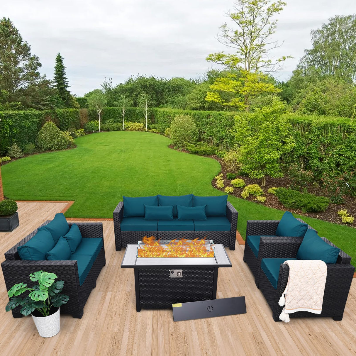 Rattaner Patio Furniture Set with 45In Fire Pit 5 Pieces Outdoor Furniture Sets Patio Couch Outdoor Chairs 60000 BTU Steel Propane Fire Pit Table No-Slip Cushions and Waterproof Covers, Peacock Blue Rattaner