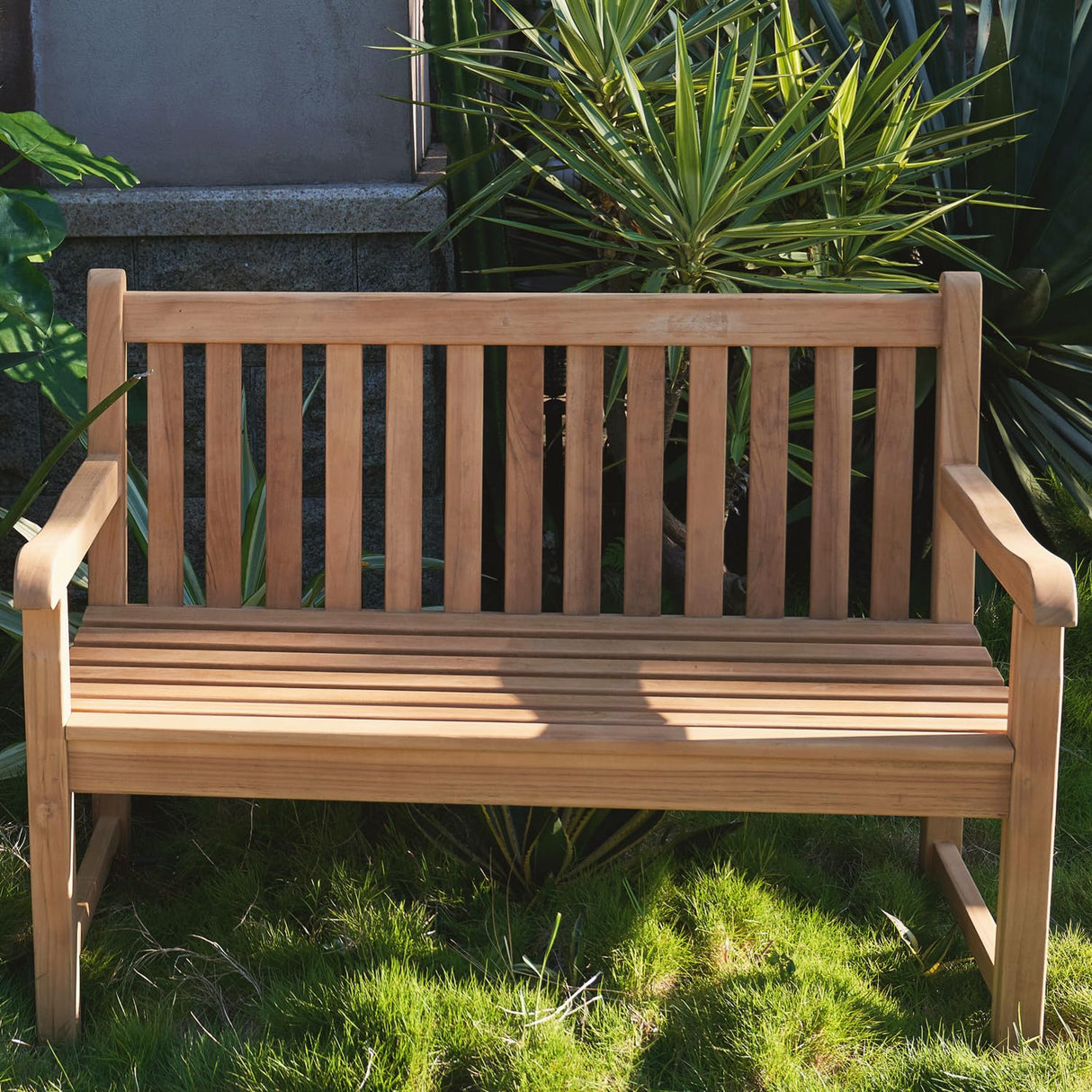 OTSUN A-Grade Natural Teak Bench - Outdoor Garden Bench with Curved Backrest & Arch Armrest, Patio Bench - All-Weather 100% Solid Teak Wood 2-Person Park Bench for Yard, Lawn OTSUN