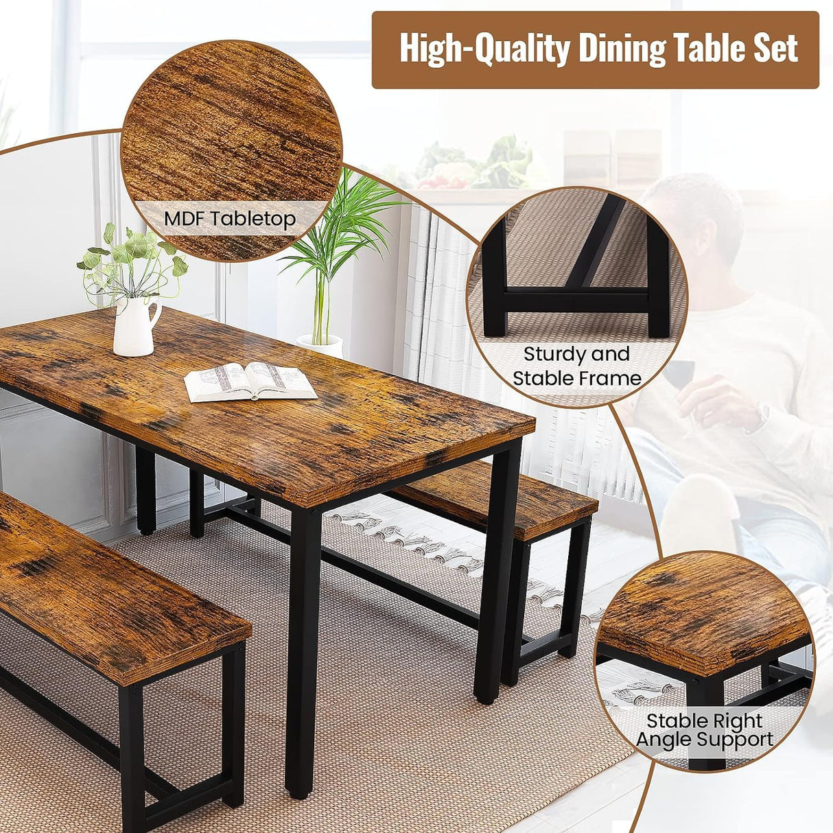 Recaceik Dining Table Set for 4, Kitchen Table Set with 2 Benches, 3 Piece Dining Room Table Set, Modern Wood Kitchen Table and Chairs for Small Spaces, Kitchen,Dining Room, Restaurant, Rustic Brown Recaceik