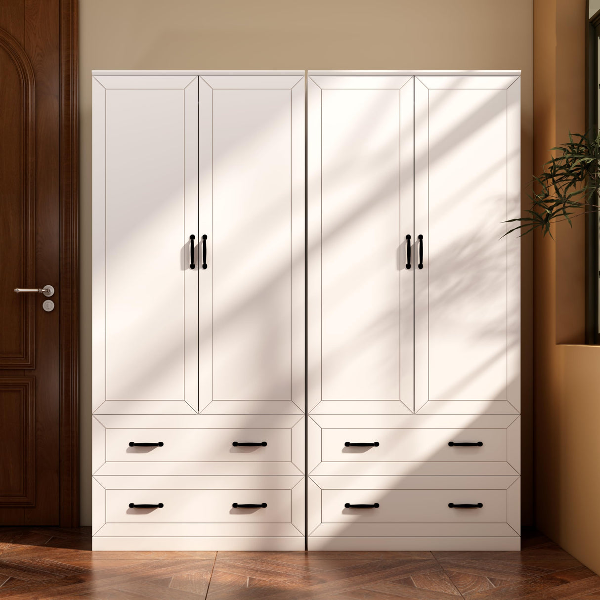 NewBeth 71" Wood Armoire Wardrobe Closet with 2 Doors and 2 Drawers, Clothes Storage Organizer Cabinets with Hanging Rod Freestanding Wardrobe for Bedroom, White (Style 2) NewBeth