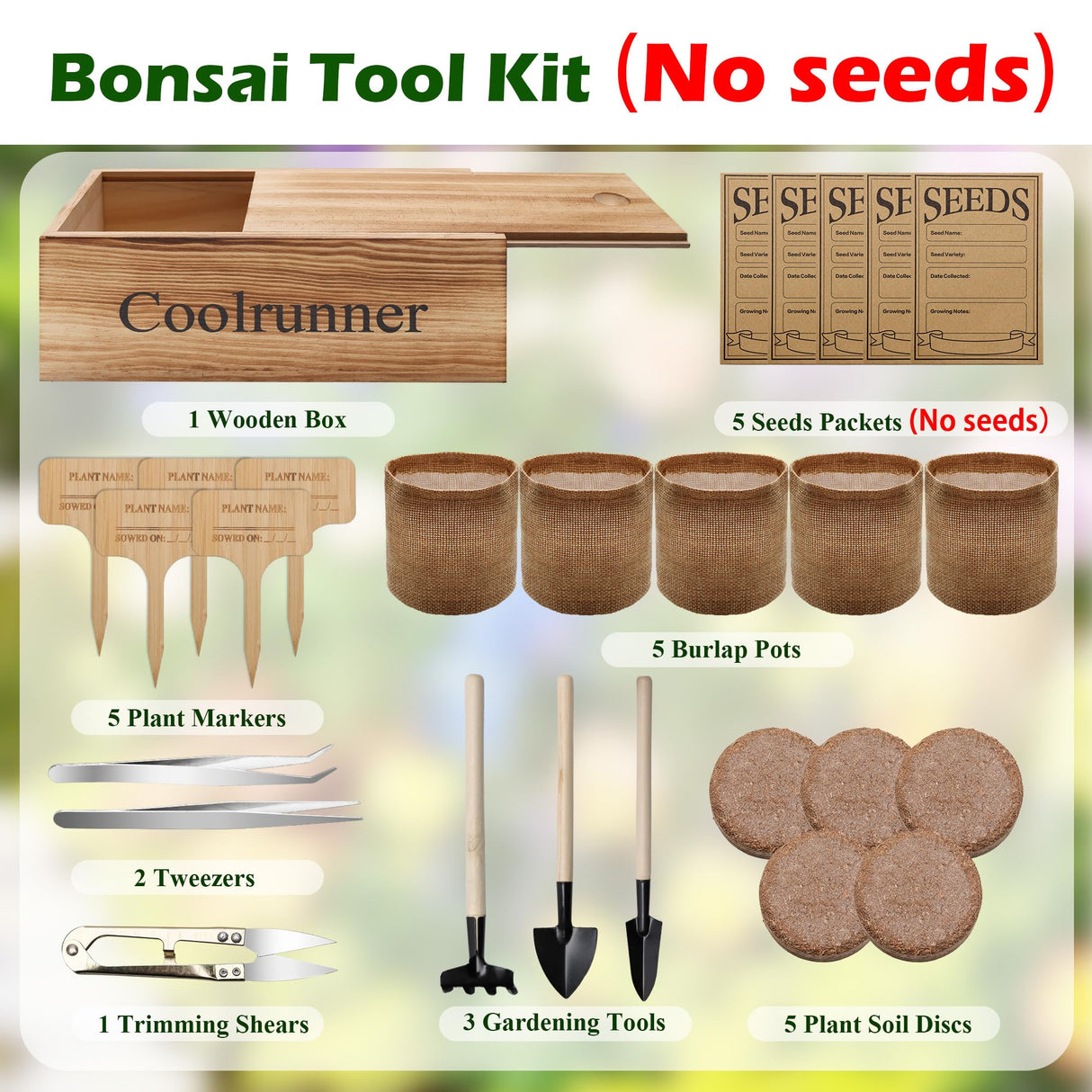 Bonsai Tree Kit, Wooden Bonsai Starter Kit, Coolrunner Bonsai Tree Starter Kit, Mini Bonsai Plant Growing Kit with Seeds Packets, Soil Discs, Jute Bags, Plant Markers, Gardening Tools etc (No Seeds) Coolrunner