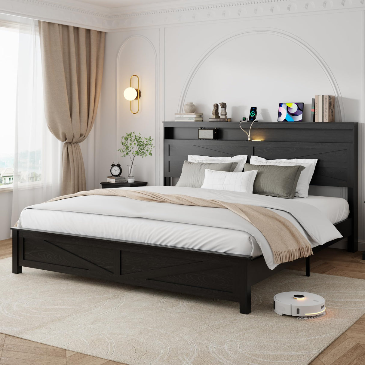 PAUKIN King Size Bed Frame with Headboard, Rustic Farmhouse Wood Bed Frame with LED Lights and Charging Station, Easy Assembly, No Box Spring Needed (Black, King) PAUKIN