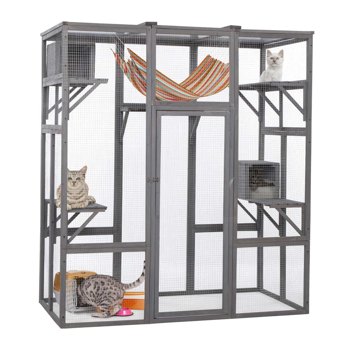 OELUBBY Large Cat Enclosure Wooden Cage Catio Pet Outdoor Playhouse Run House with Hiding Boxes and Solar Top, Pet Kennel Playpen with Jumping Activity Platforms 63'' x 33'' x 70'', Gray OELUBBY
