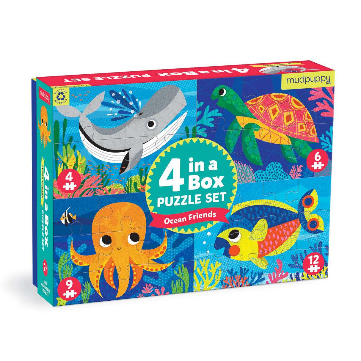 Mudpuppy Ocean Friends 4-in-a-Box Puzzle Set from Mudpuppy, Includes 4 Progressive Jigsaw Puzzles for Kids with 4-12 Pieces, Colorful Ocean Animal Illustrations, for Kids Ages 2+ Mudpuppy