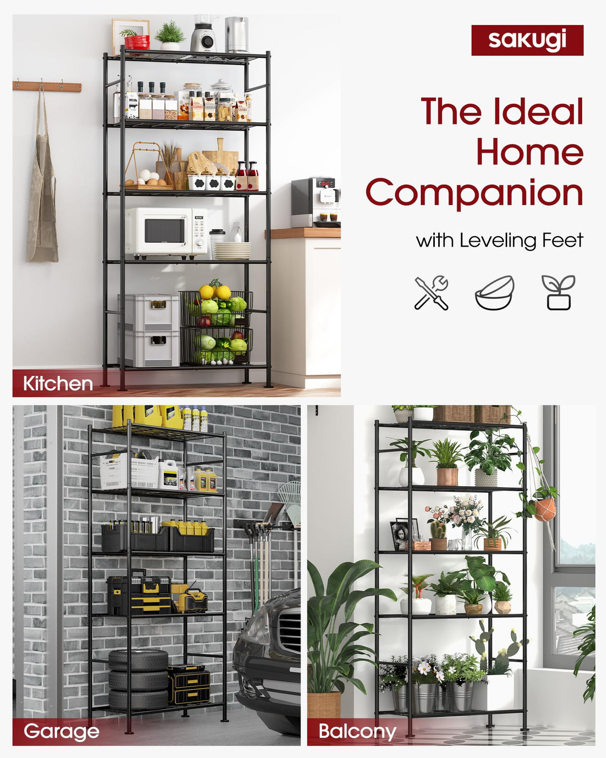 Sakugi Storage Shelves Organizer - 5 Tier Metal Shelf Organizer with Metal Wheels and Adjustable Leveling Feet, Heavy Duty Garage Shelving for Kitchen, Pantry and Closet, 33.1"x12.6"x73.5", Black Sakugi