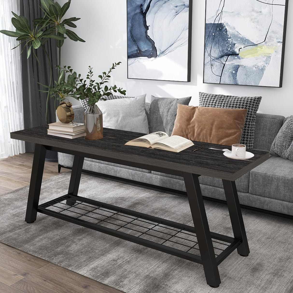 Oastreeful Industrial Entryway Bench Rustic Wood and Metal Storage Bench for Indoor Living Dining Room Bedroom Long Shoe Benches Seat (Charcoal Black) Oastreeful