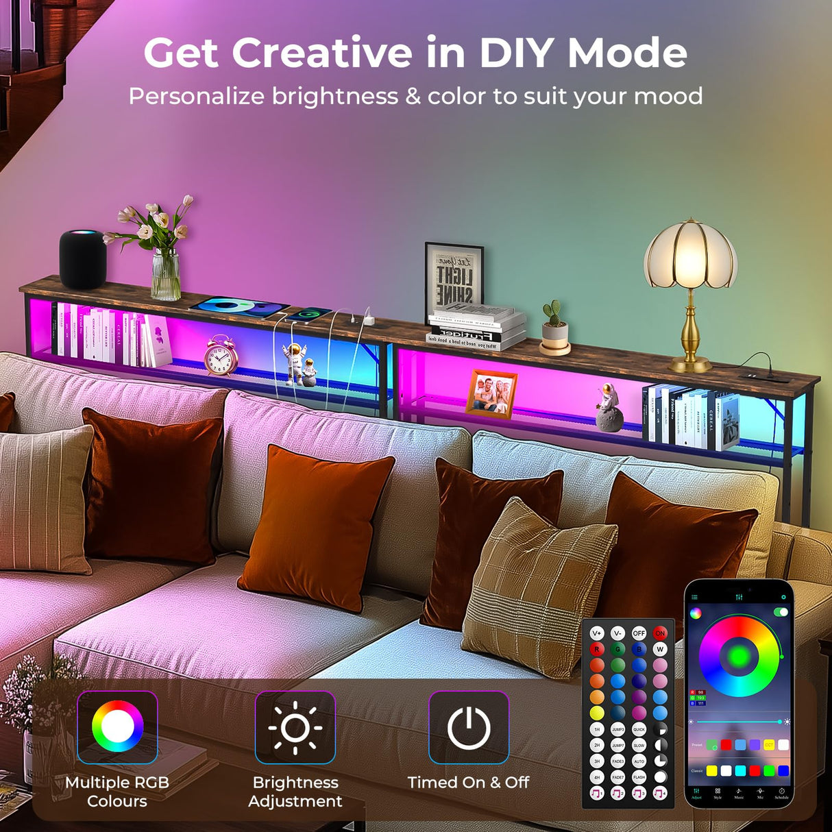 Tatub 78.8" Behind Couch Table with 2 Power Outlets&Led Light, Narrow Console Table Rustic Sofa Table, Industrial 2Tier Skinny Entryway Table with Metal Frame for Living Room - 2 Packs Tatub