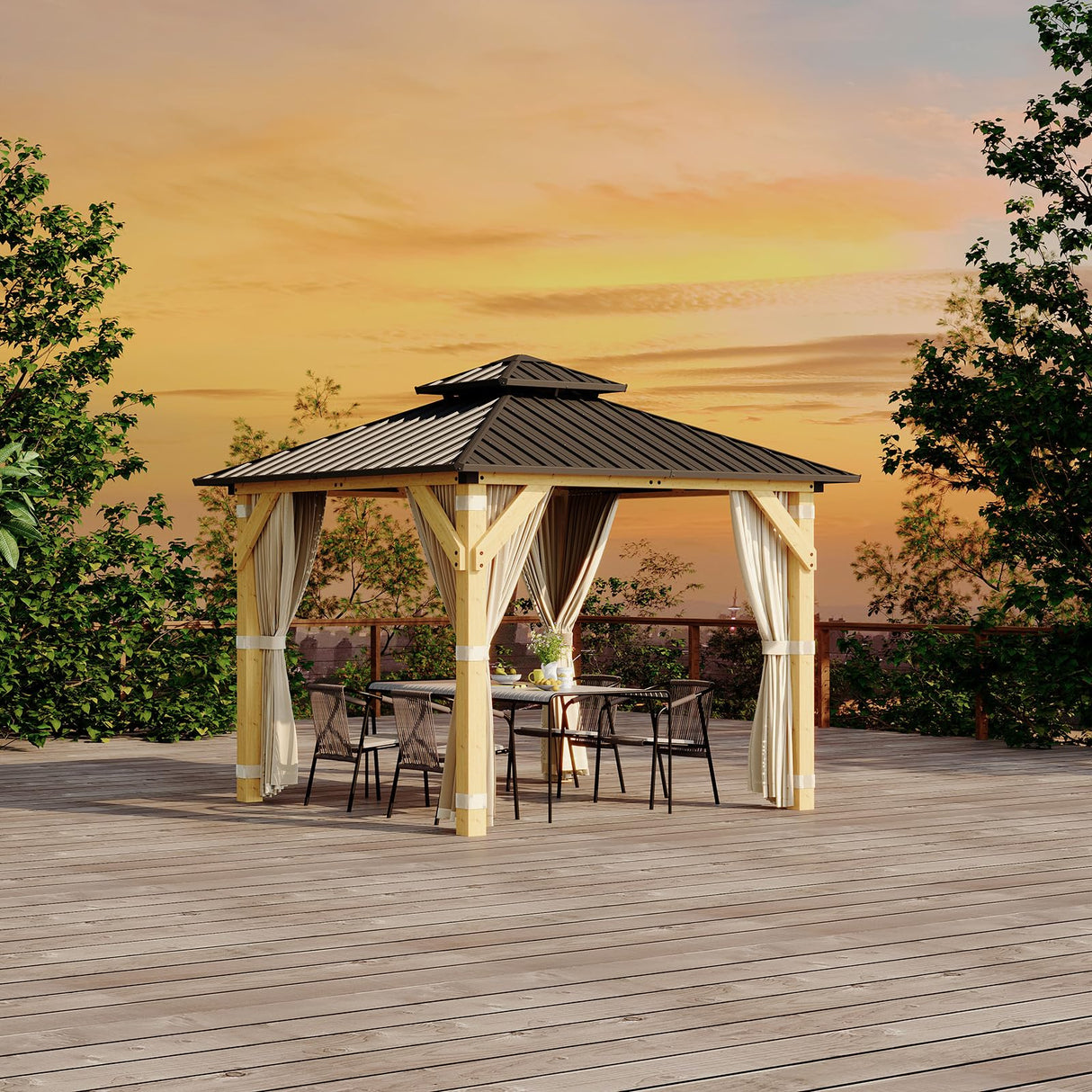 HarmonyHealth 10 x 10 Ft Wood Gazebo, Upgrade Wooden Frame, Double Galvanized Steel Roof, Hardtop Gazebo With Nettings And Curtains For Backyard, Patio, Garden And Lawn,Khaki HarmonyHealth