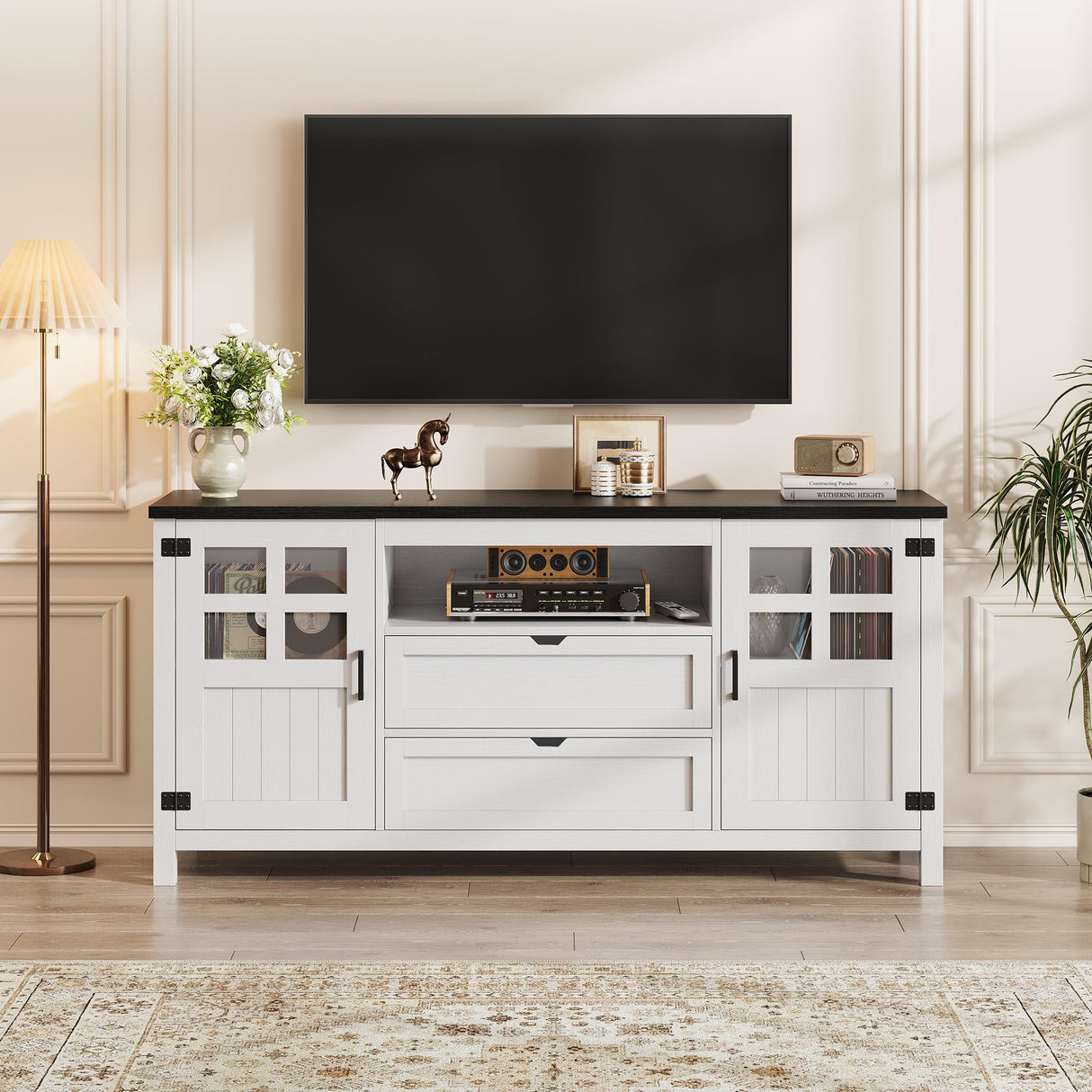 Vividwood Farmhouse TV Stand for 65 70 75 Inch TVs, Entertainment Center with Adjustable Shelves, 2 Barn Doors and Drawers, Storage Media Cabinet for Living Room or Bedroom-White Vividwood