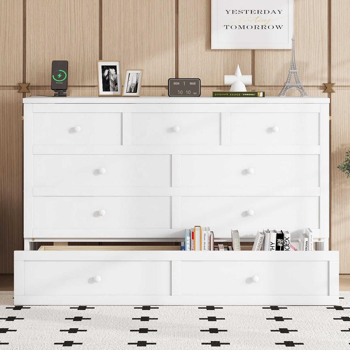 DNChuan Queen Size Murphy Cabinet Bed with Storage Drawer,Foldable Murphy Chest Dresser Bed with Charging Station,Space-Saving for Home Office,Guest Room-White DNChuan