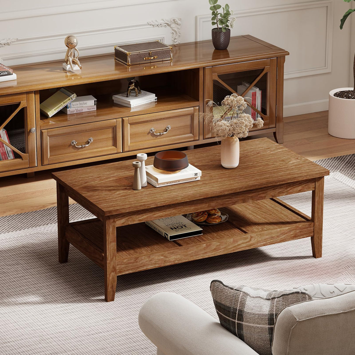 Giantex Mid Century Modern Coffee Table, 2-Tier Rectangle Wood Center Table with Slatted Storage Shelf, Vintage Living Room Table for Reception, Walnut Giantex