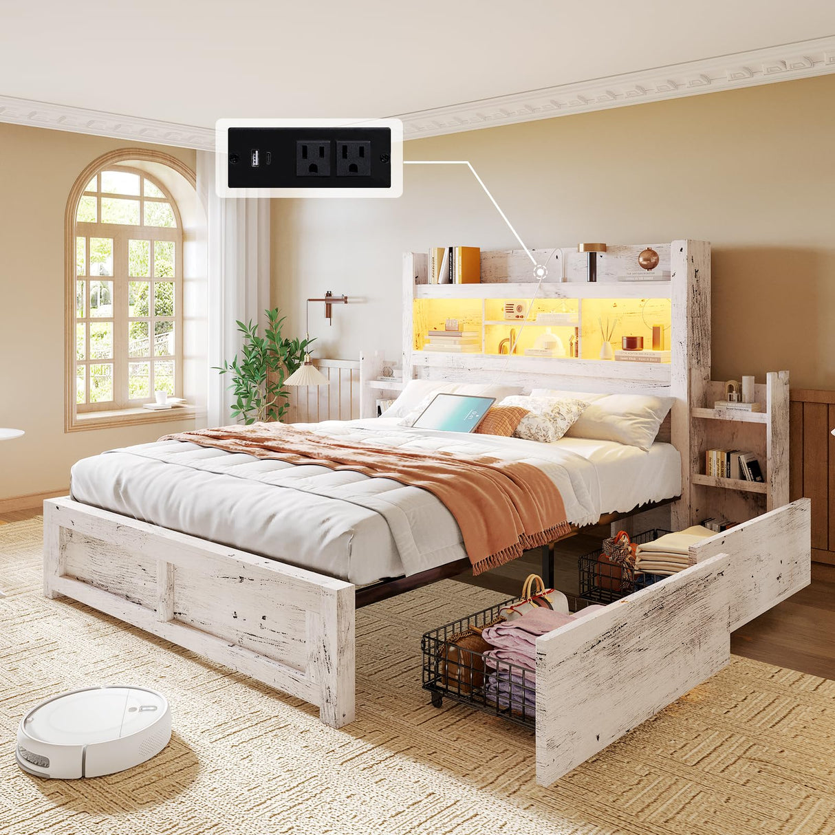 LUXOAK Queen Bed Frame with 49.6" Bookcase Headboard & 4 Drawers & 2 Detachable Bedside Stoage Racks, Farmhouse Wood Bed Frame with RGB LED & Charging Station, No Box Spring Needed, Distressed White LUXOAK
